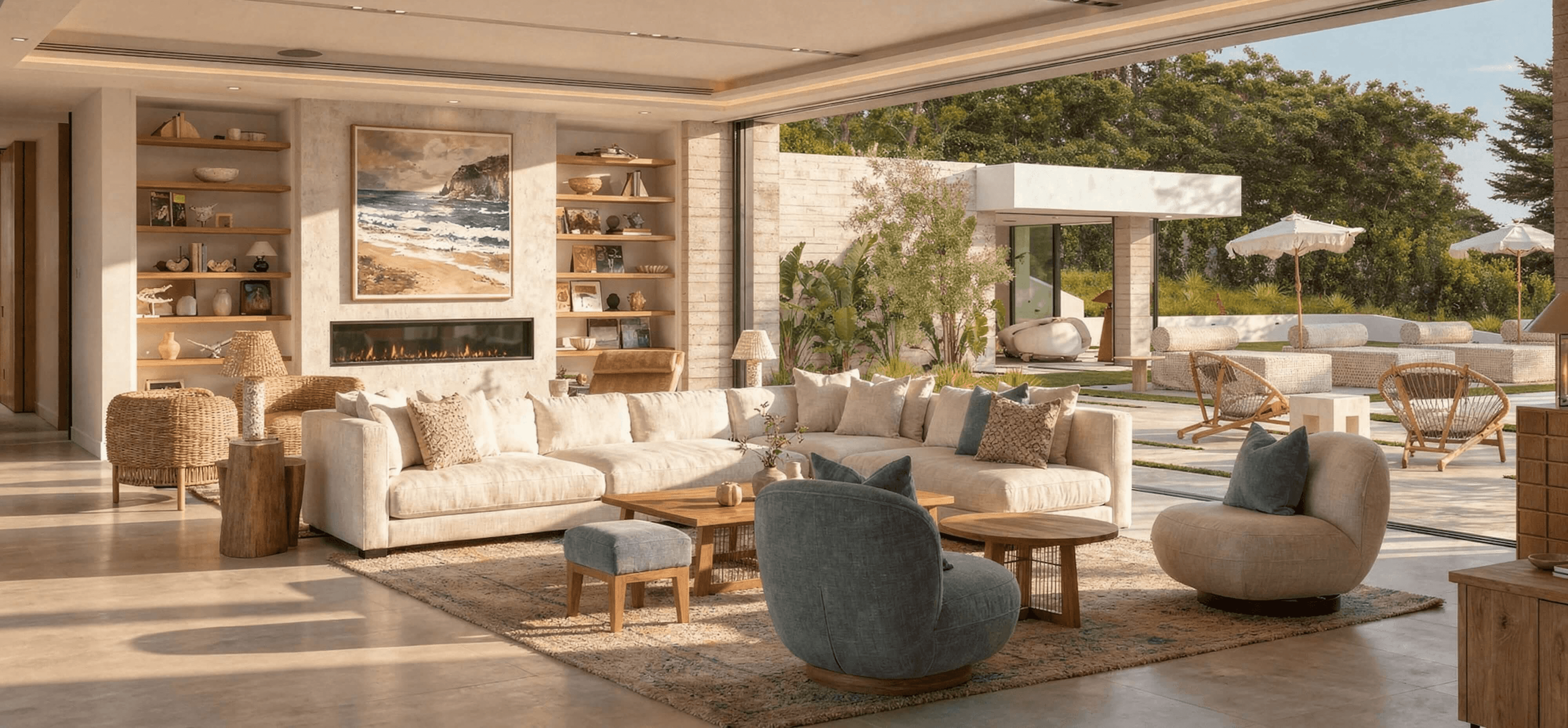 Open-plan luxury living space with layered neutrals, coastal textures, and expansive indoor-outdoor views.
