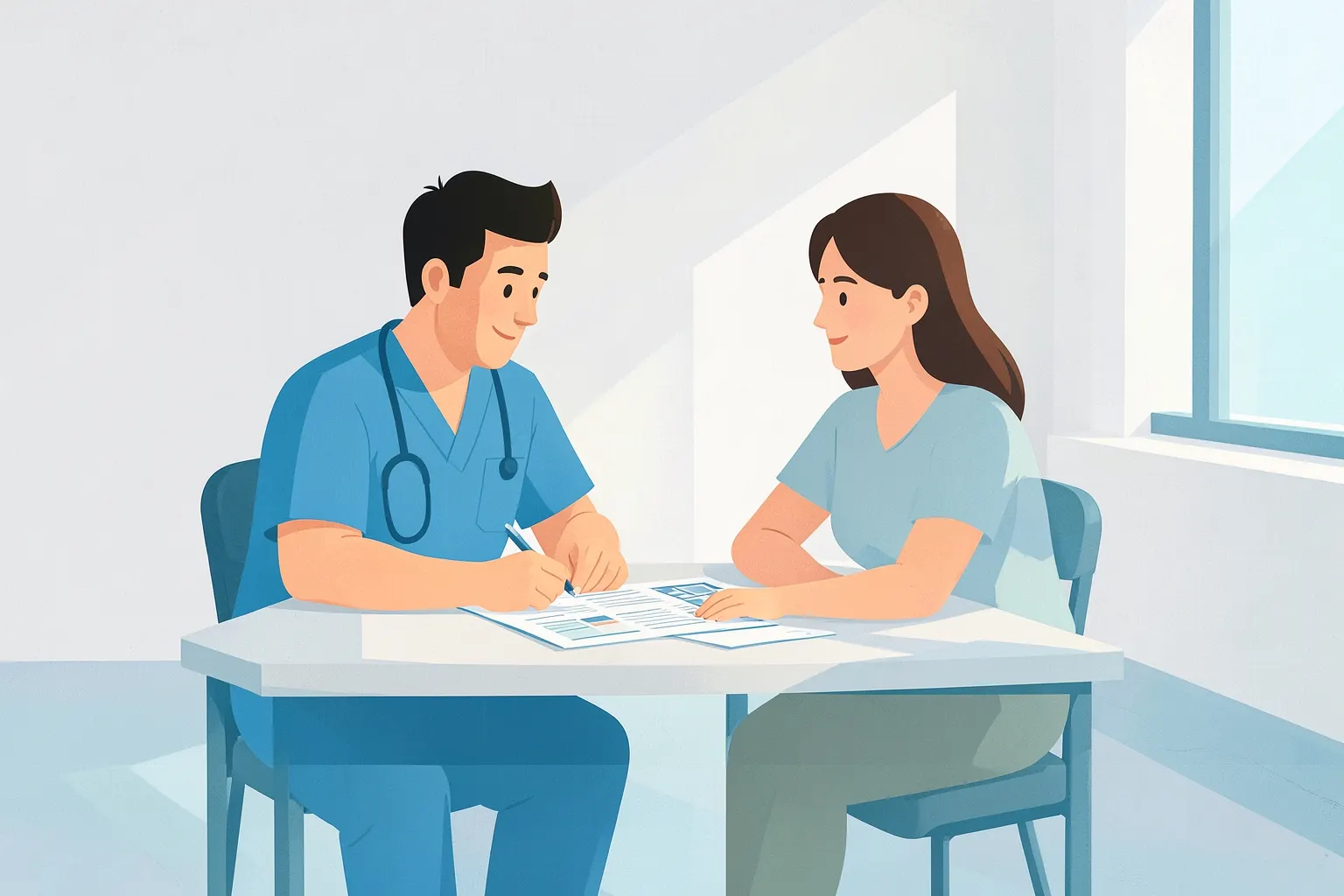 A doctor and a patient discussing a medical chart in a modern clinic.