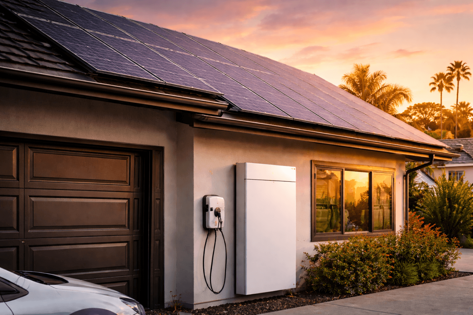 Home exterior with rooftop solar panels and a wall-mounted solar battery and inverter near the garage at sunset.