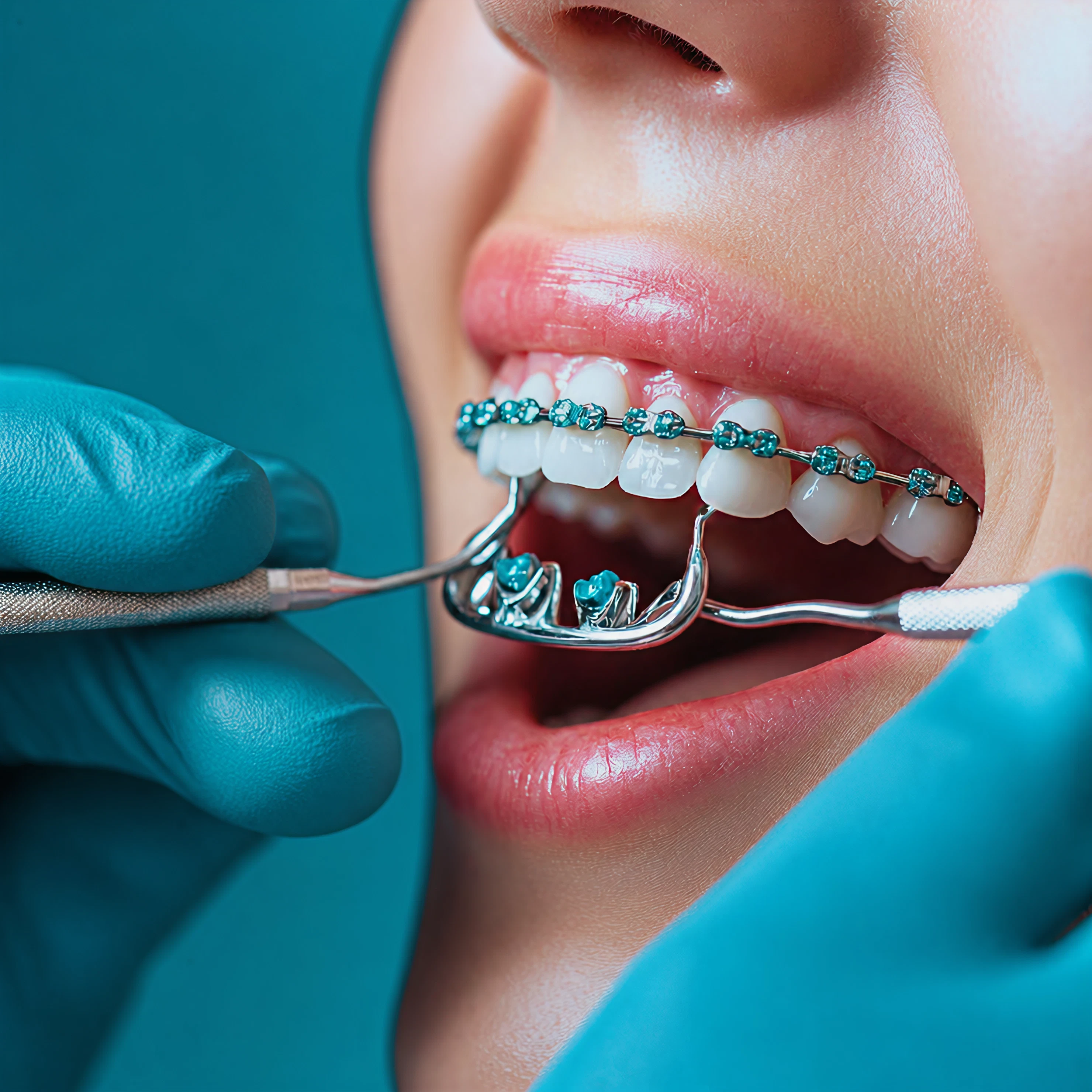 Dentist adjusting dental braces on a patient's teeth using precise tools.