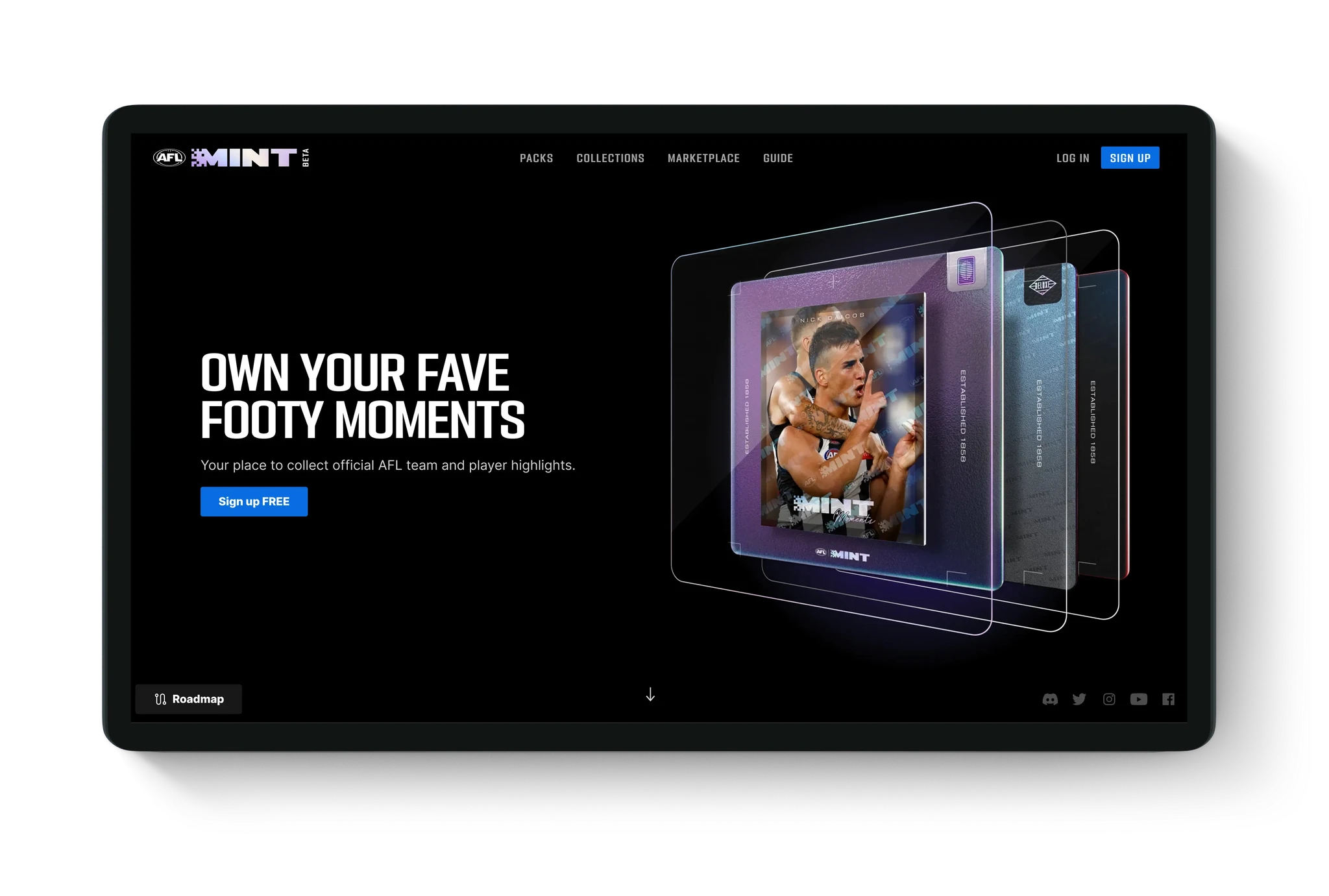 The AFL Mint homepage with the text 'Own your fave footy moments' and a stylinsed image of a digital collectible moment