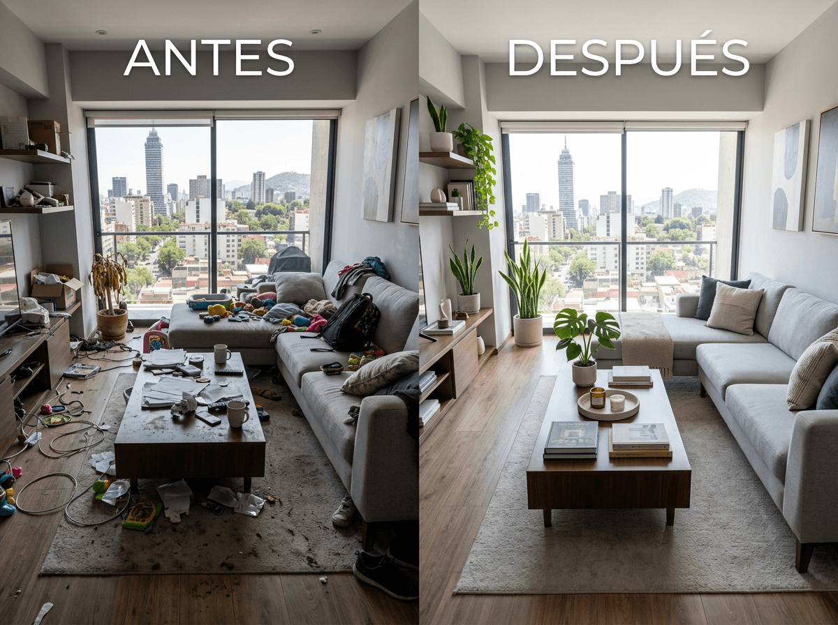 Sala moderna en un departamento o casa en ciudad de mexico con mitad limpia y mitad sucia (antes/después)