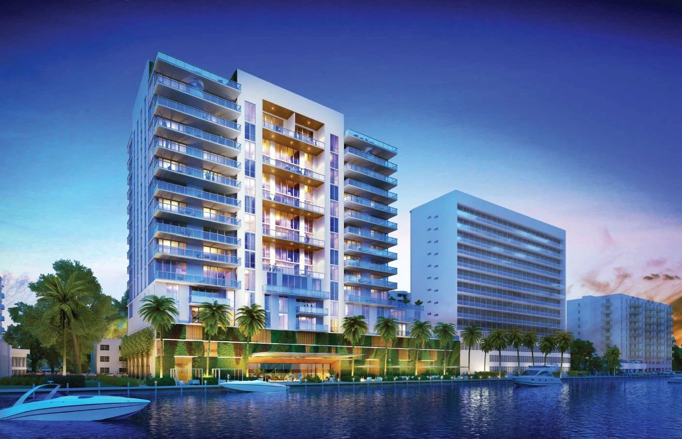 Harbor Island residential tower in North Bay Village on Biscayne Bay with a glass facade, private balconies, and a green-wall base seen from the water