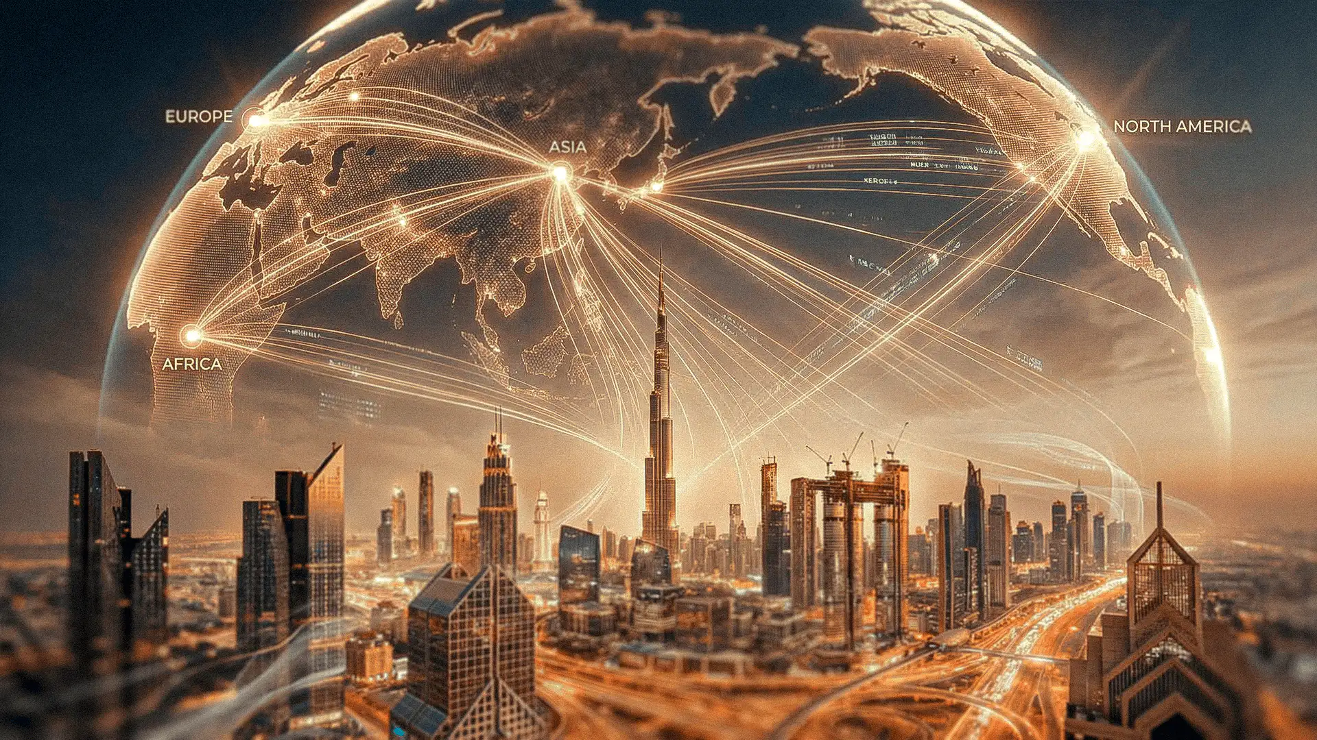 Dubái como hub financiero global representado por conexiones internacionales sobre su skyline urbano.