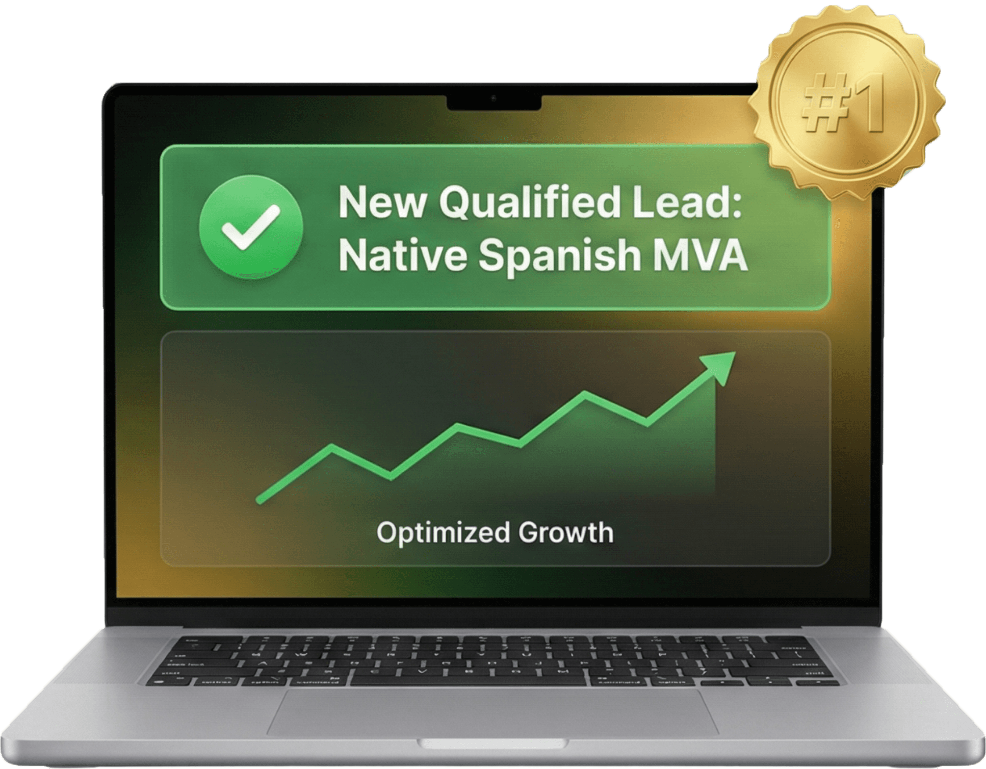 A 3D laptop screen displaying a successful marketing dashboard with a qualified native Spanish lead notification and an upward growth graph, representing premium Motor Vehicle Accident Leads for Attorneys.