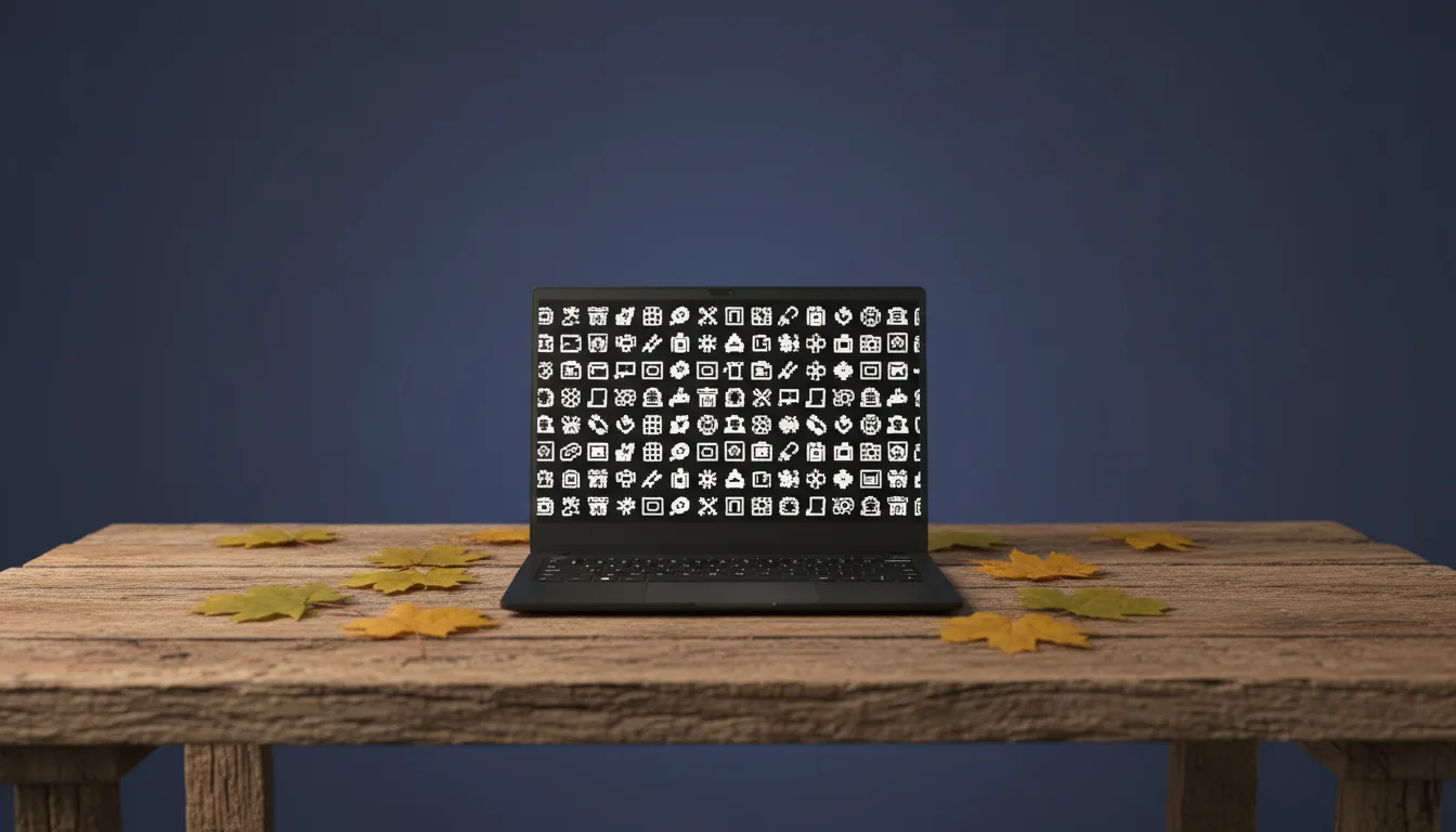 DSLR photograph of a modern matte black laptop resting on a rustic wooden desk with a prominent wood grain texture. The laptop is open, its screen displaying a retro pixel art wallpaper with monochrome icons. Bright yellow and green autumn maple leaves are scattered on the wood surface around the laptop. The background is a simple, dark blue wall. The image features soft studio lighting and a shallow depth of field, keeping the laptop in sharp focus.