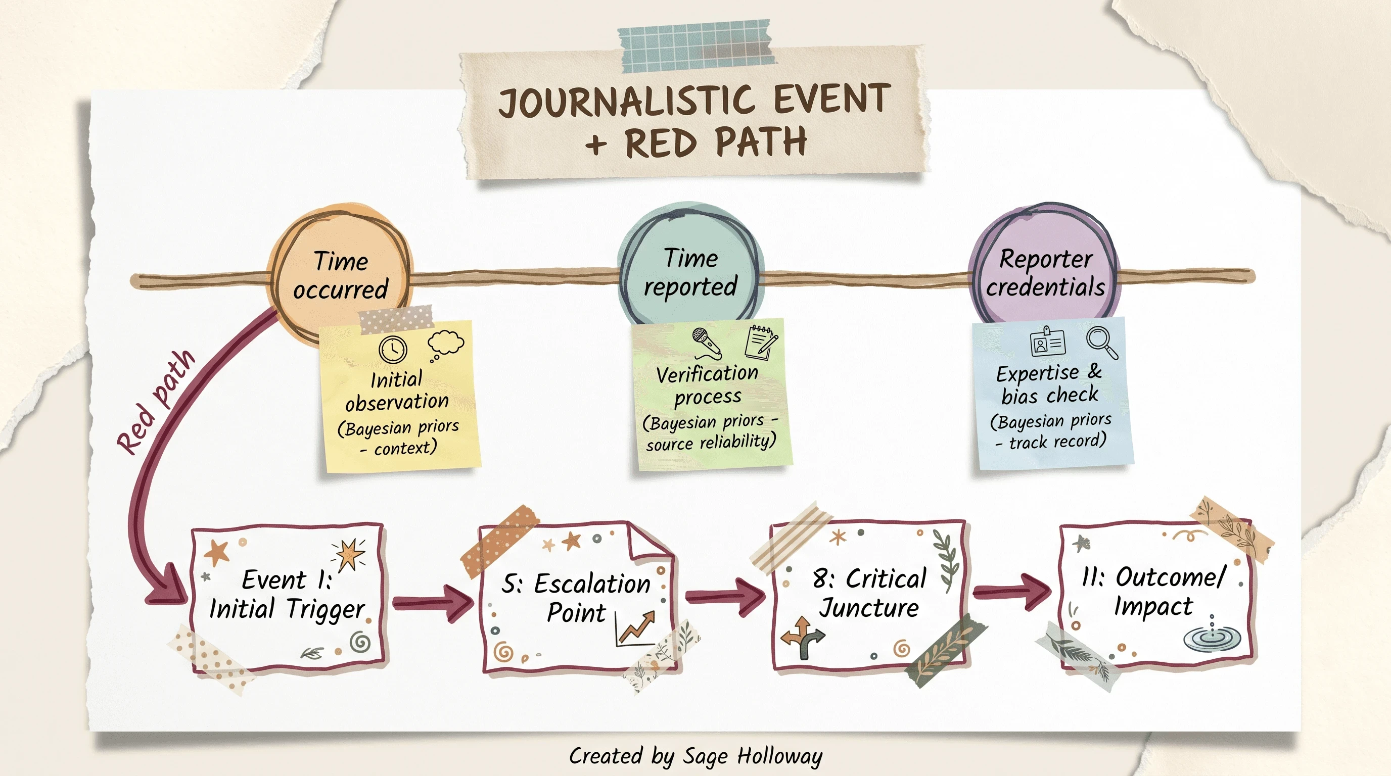 Scrapbook diagram of a market event timeline with a highlighted red causal path and Bayesian annotation notes