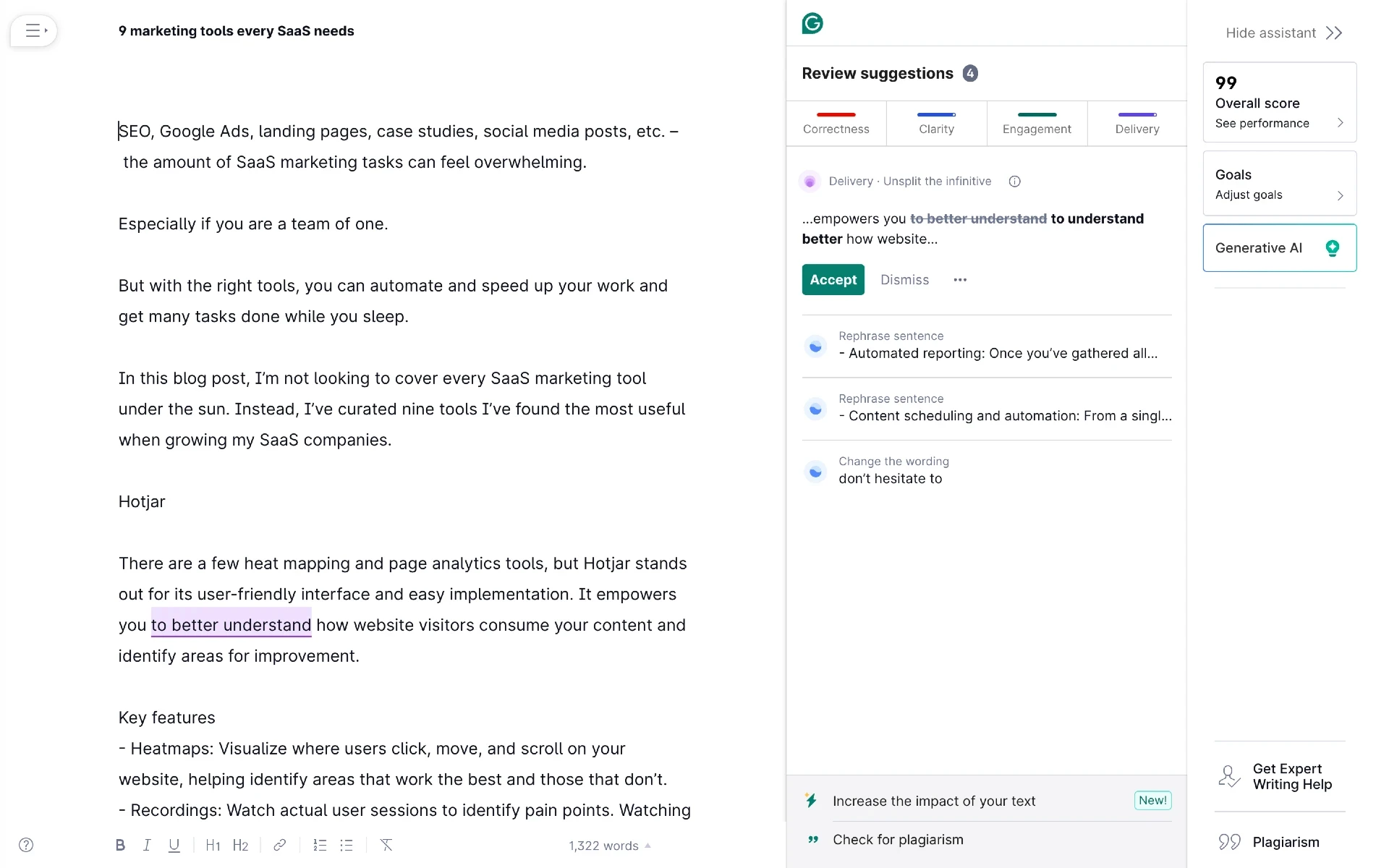 An example of blog post grammar and style suggestions provided by Grammarly, a SaaS marketing tool