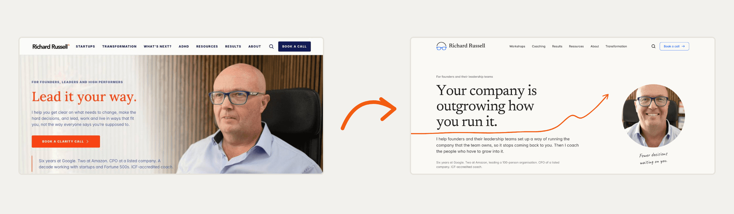 The old home page beside the new one, with an arrow from old to new.