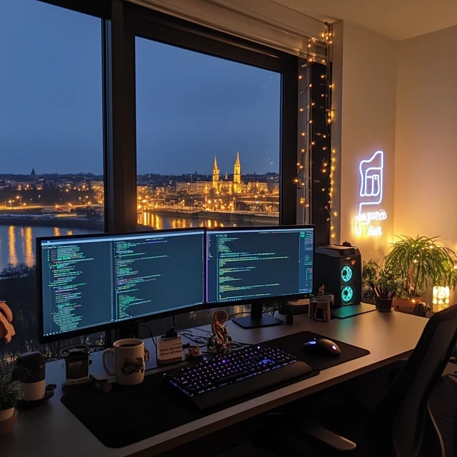 Bureau de développeur avec vue nocturne sur Nantes