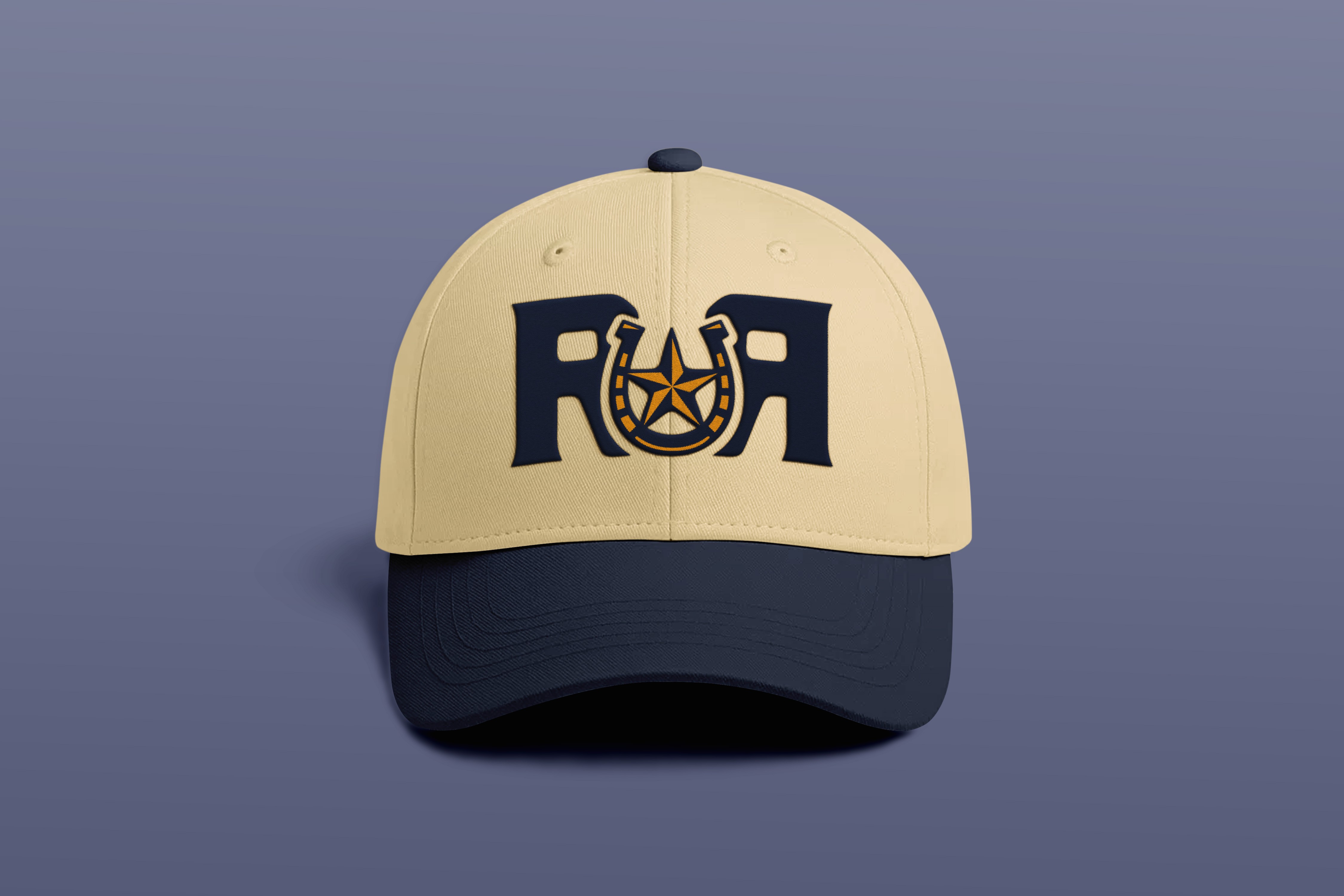 Mockup of hat with "RCR" stamp logo