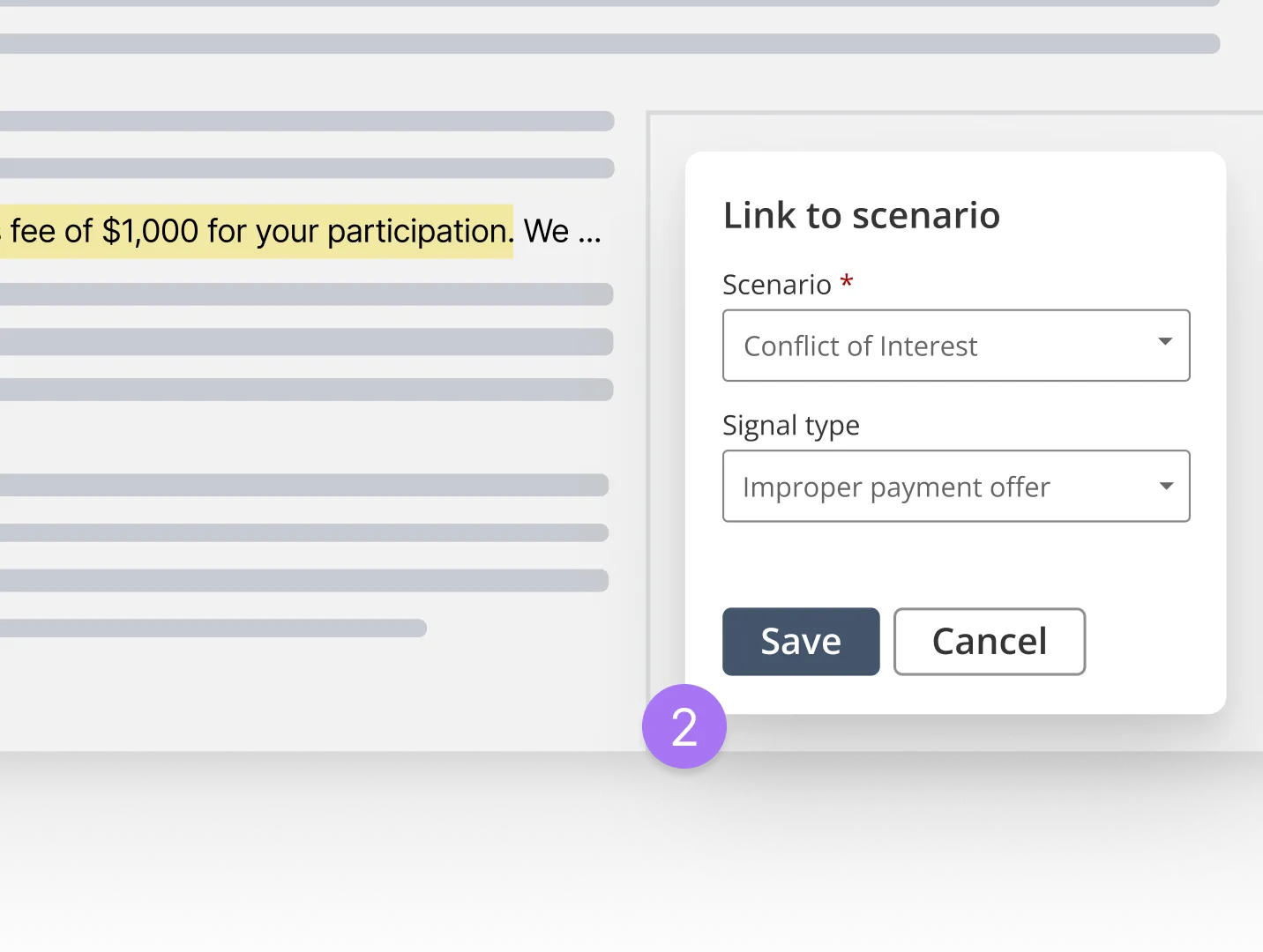 Side panel form for linking highlighted content to a compliance scenario, with dropdowns for scenario and use case and save actions.