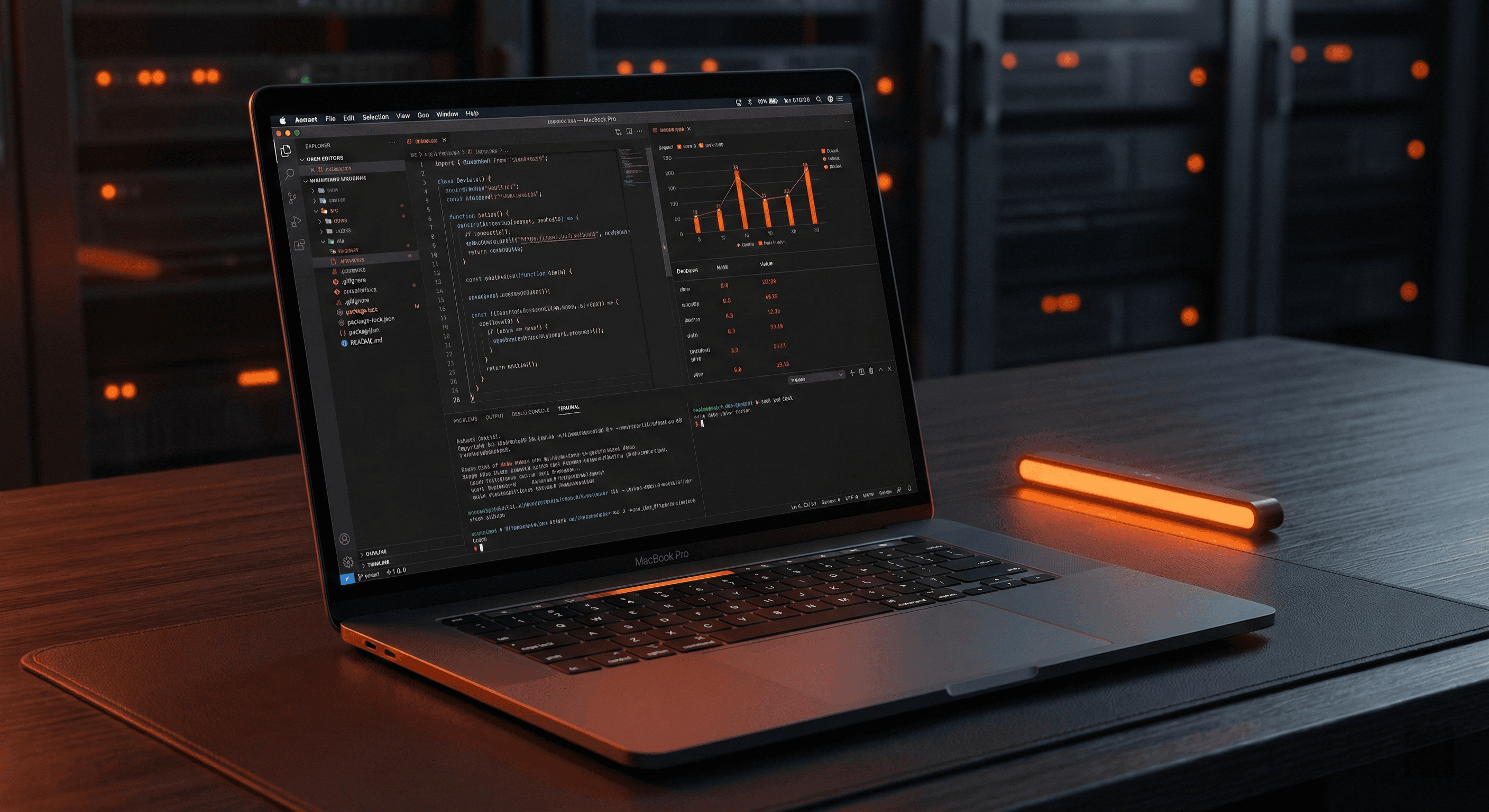 Laptop displaying code editor with charts and graphs, server racks in background