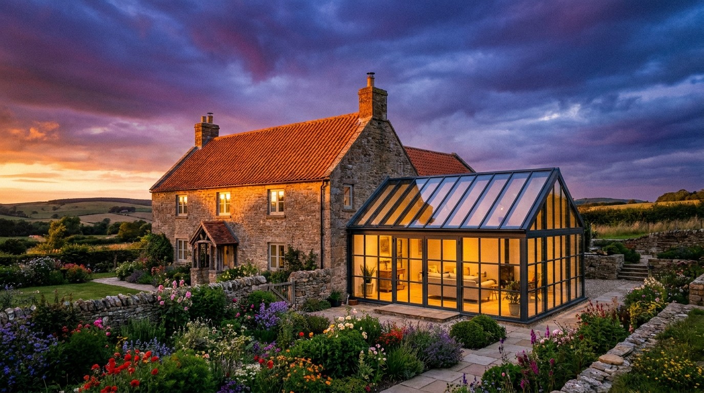 Exterior view of Villa Antiqua at sunset, showing a historic colonial stone farmhouse seamlessly connected to a glowing, modern glass extension.