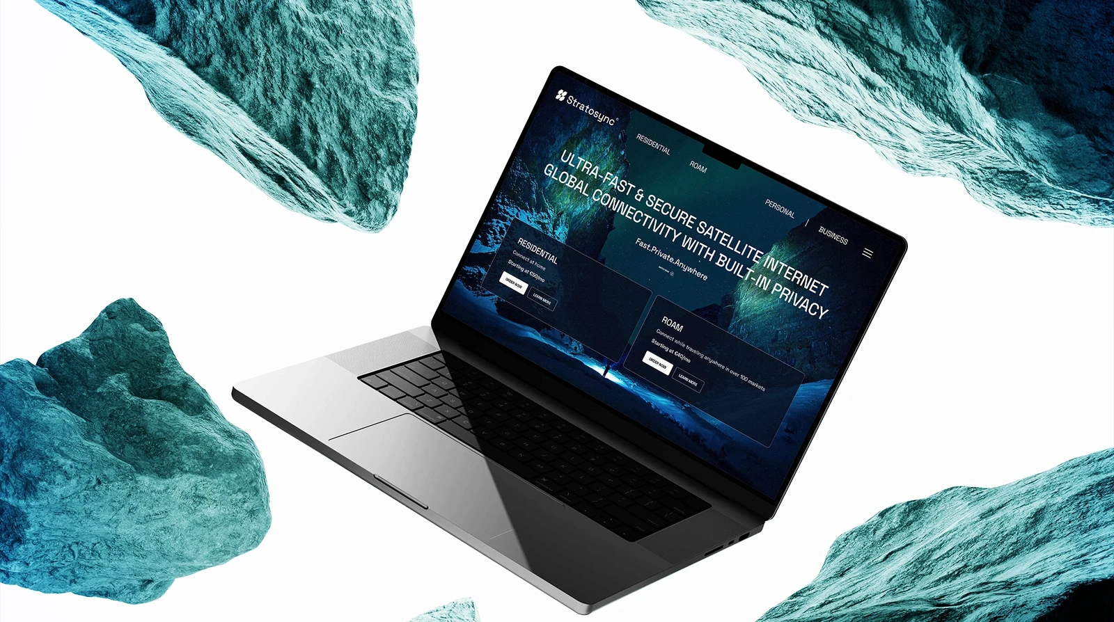 StratoSync® website interface displayed on a laptop surrounded by abstract ocean-inspired rock forms.
