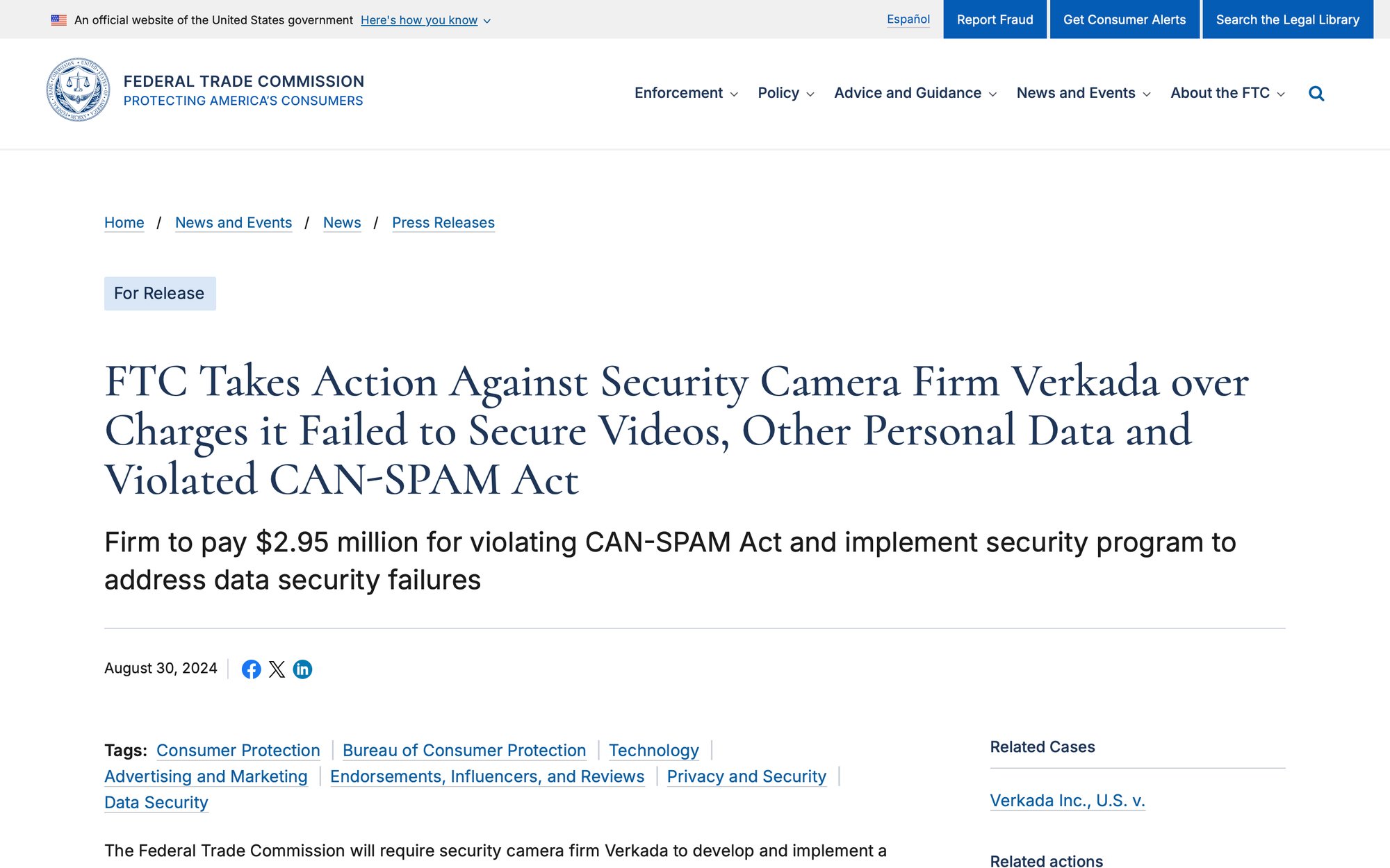 FTC webpage announces action against Verkada for data security failures and CAN-SPAM Act violation.