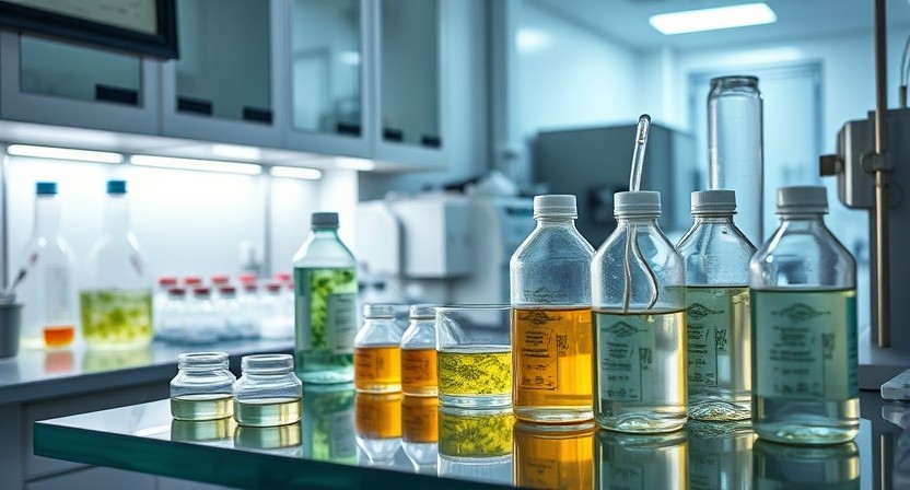Laboratory equipment and various chemicals arranged on a workbench in a scientific research laboratory setting.