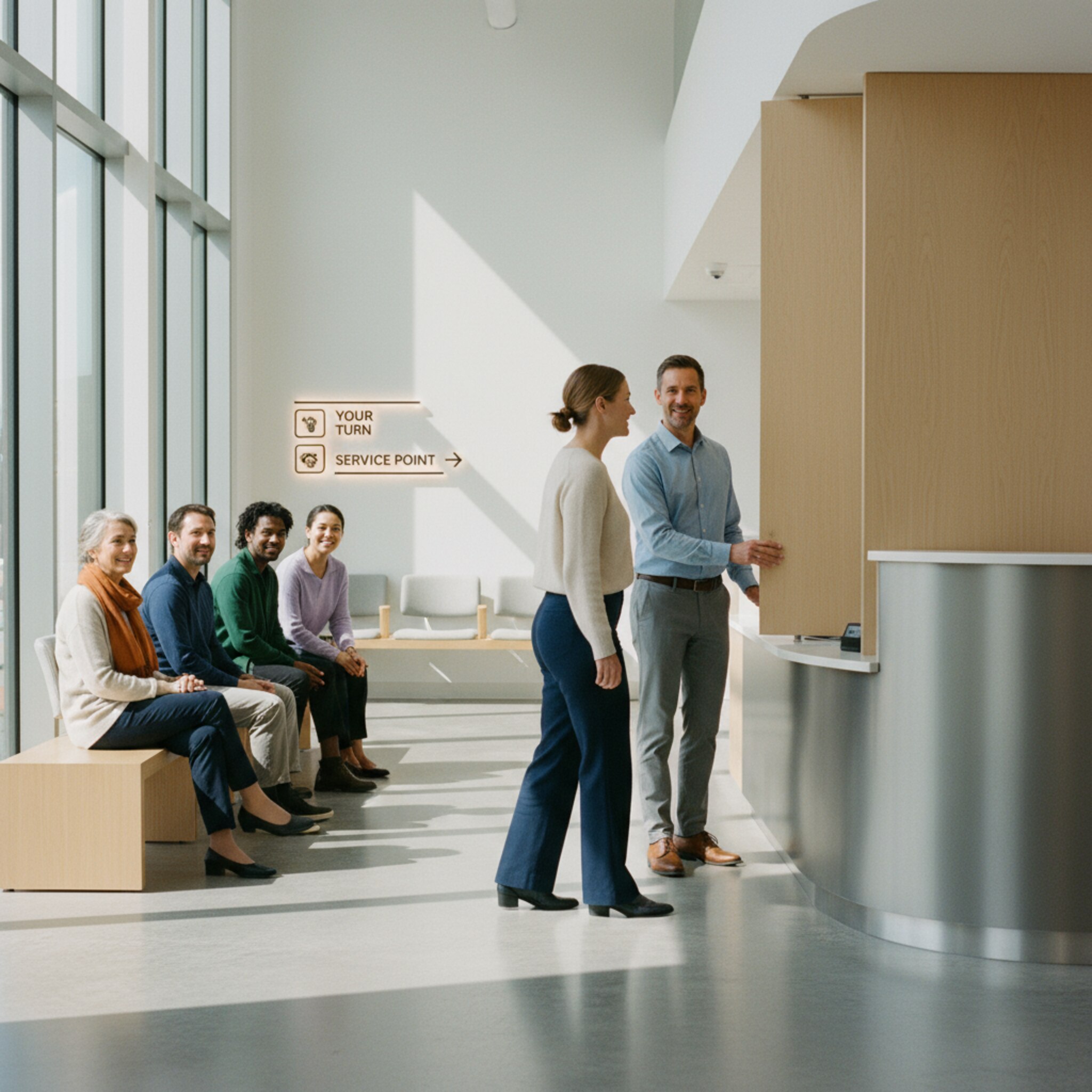In einem ruhigen Wartebereich erhebt sich ein Besucher, nachdem sein Name freundlich aus einem Nebenraum gerufen wurde. Menschen lächeln zustimmend, eine Mitarbeiterin öffnet die Trennwand zum Schalterplatz. Sanftes Licht und klare Wege leiten unaufgeregt durch den Raum. Der Ablauf wirkt geordnet und menschlich.