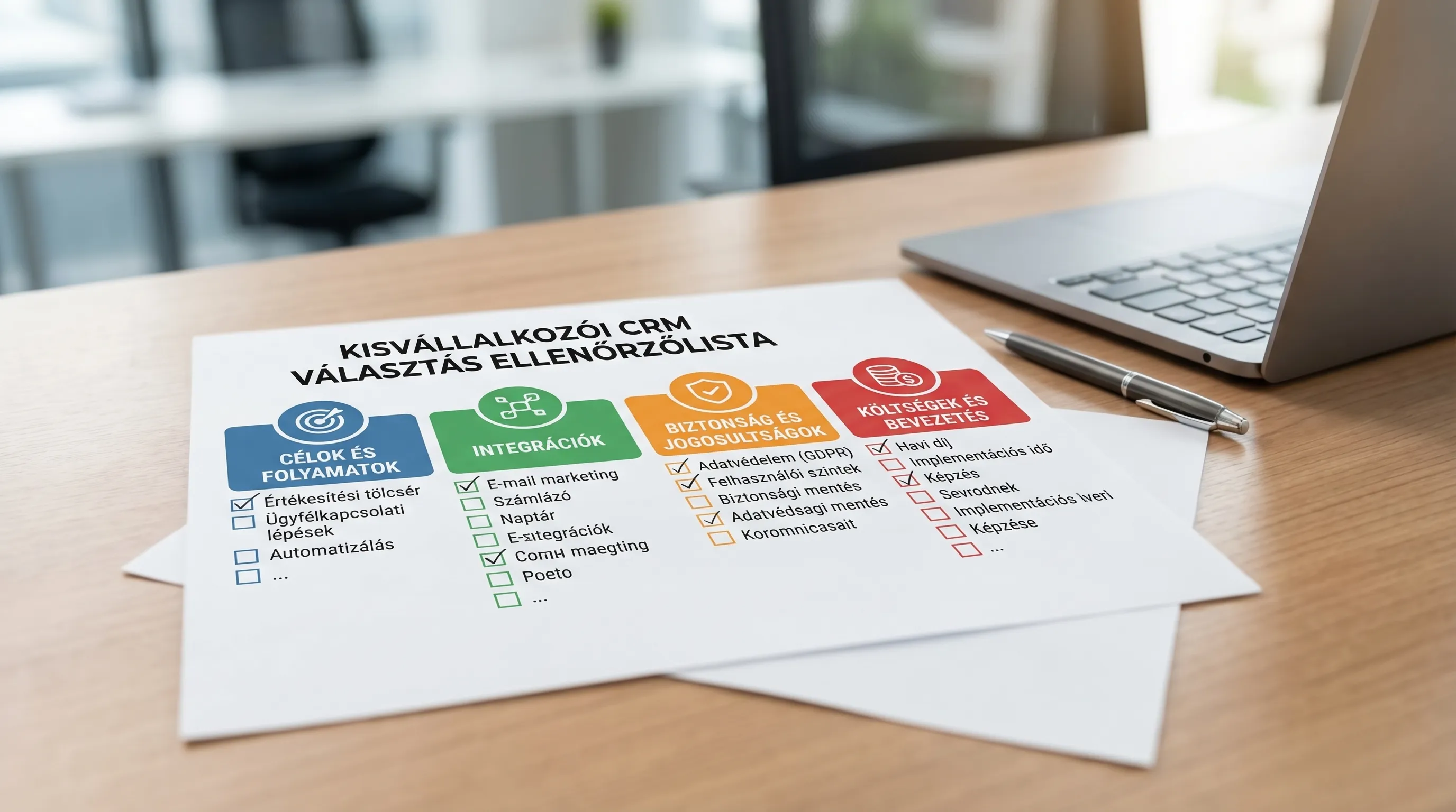 Egyszerű, áttekinthető ellenőrzőlista ábra kisvállalkozói CRM választáshoz, négy blokkban: Célok és folyamatok, Integrációk, Biztonság és jogosultságok, Költségek és bevezetés.