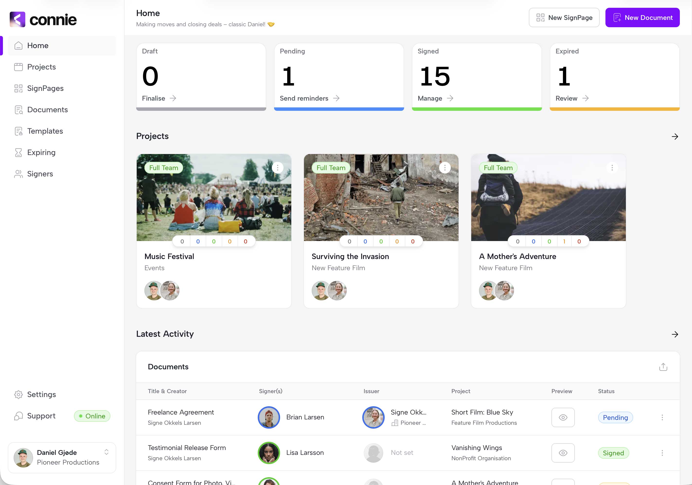 Image of Film production management dashboard with eSign tool for document management, film contracts, and actor agreements with digital signatures for content creators and film makers. with Connie, eSign for creatives