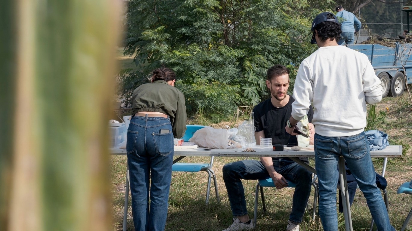 Two men in conversation at an outdoor table, seen through out-of-focus foreground plants.