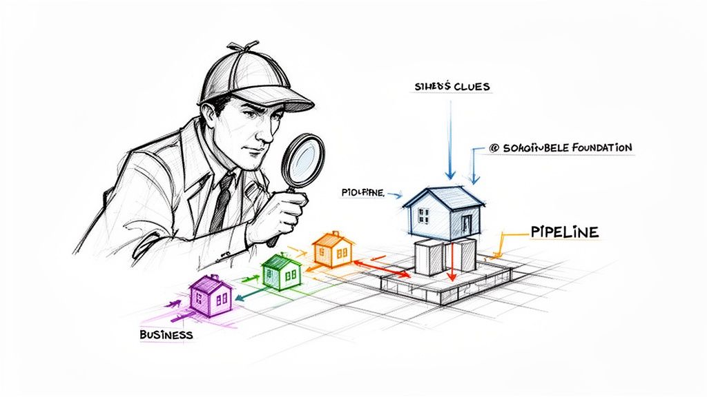 A detective with a magnifying glass investigates a business pipeline represented by colorful houses and data flow.