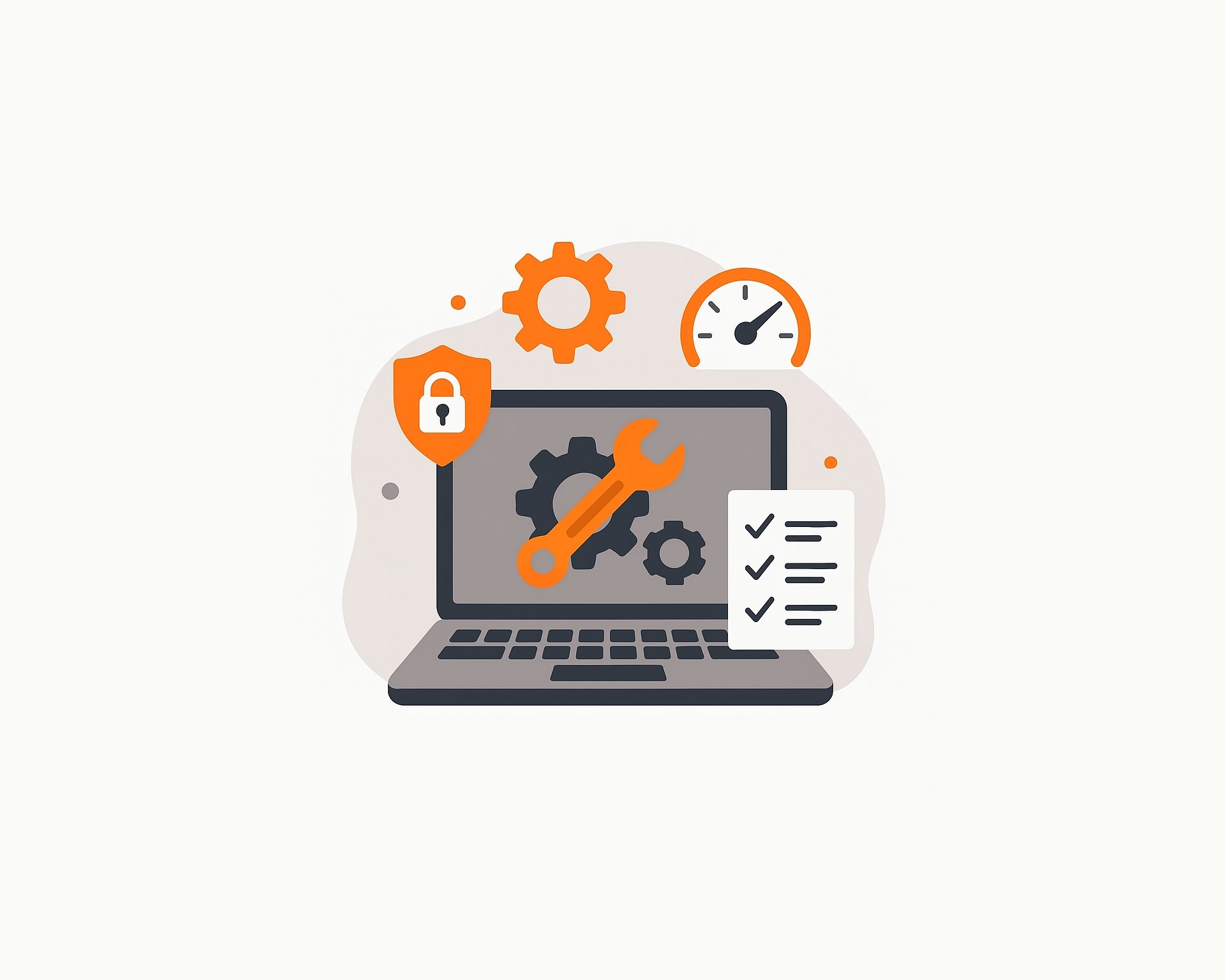 Illustration Website-Wartung und Pflege – Laptop mit Zahnrädern, Sicherheitssymbol und Checkliste für KMU in der Schweiz und Liechtenstein