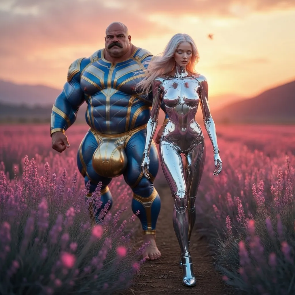 Rex Titan and partner in lavender field, Rex beside