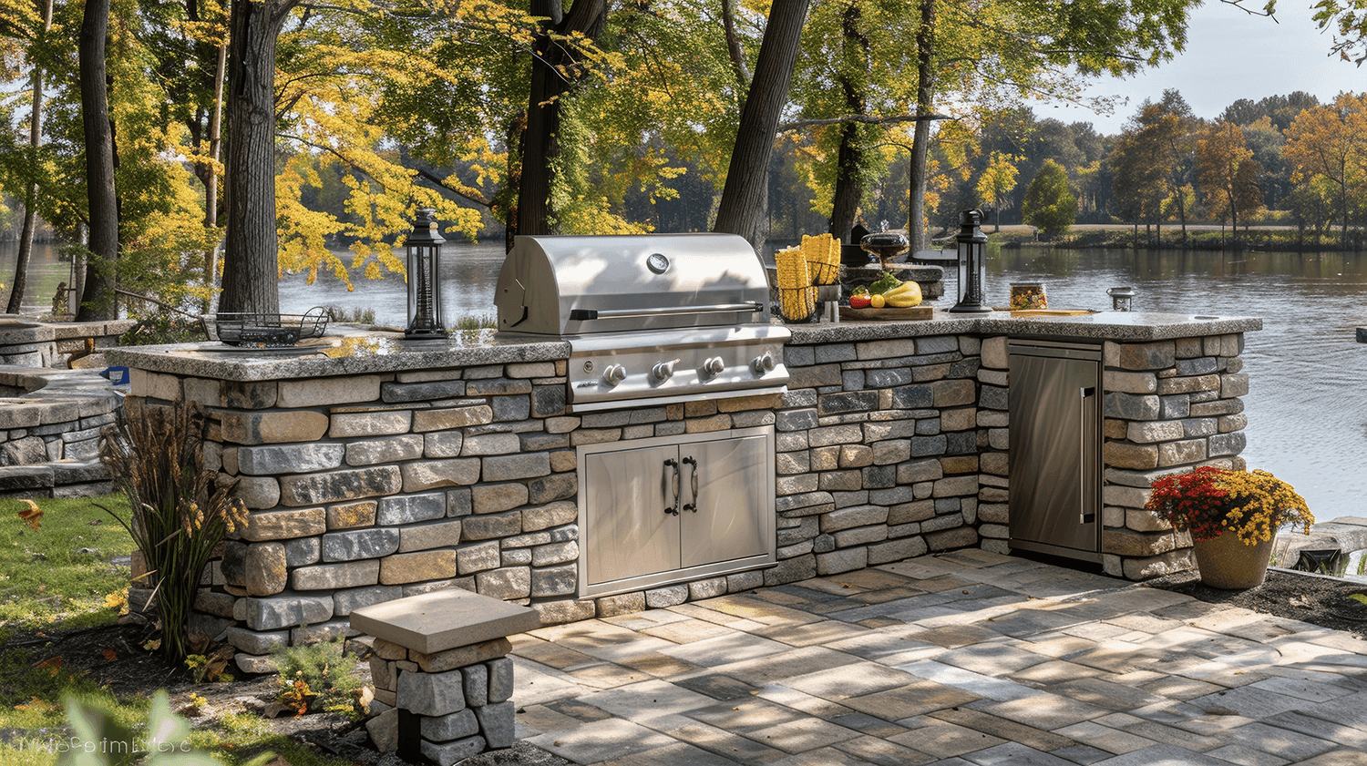 A built-in stainless steel grill set within a stone outdoor kitchen counter, overlooking a serene lake surrounded by vibrant autumn trees. The countertop is styled with lanterns, a fruit bowl, and waffle cones, creating a cozy outdoor dining vibe.