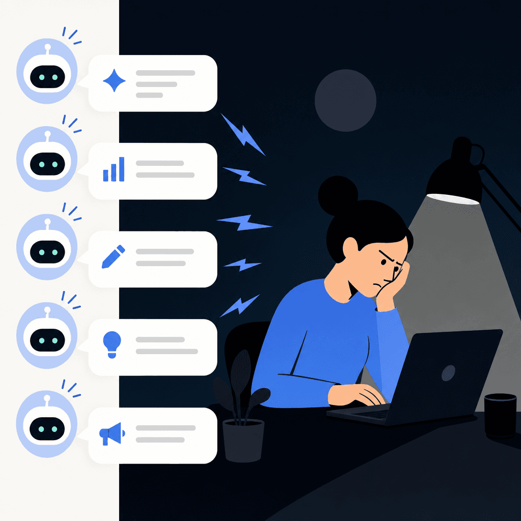 Supporting illustration — portrait format: the mobile feeling of being flooded by AI nudges.