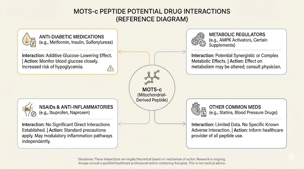 MOTS-c drug interactions chart with medications to avoid or use cautiously