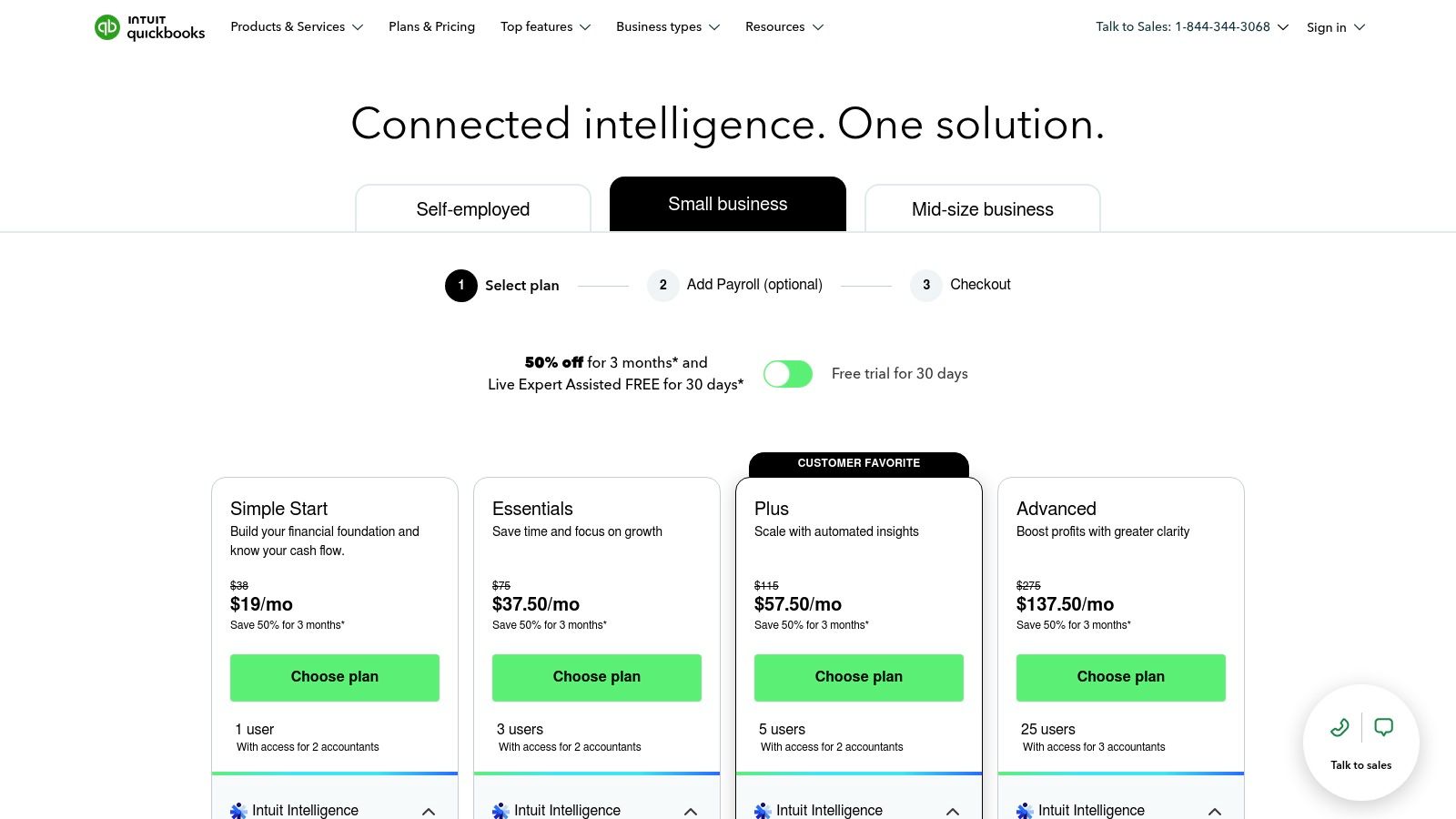 QuickBooks Online pricing tiers showing Simple Start, Essentials, Plus, and Advanced plans