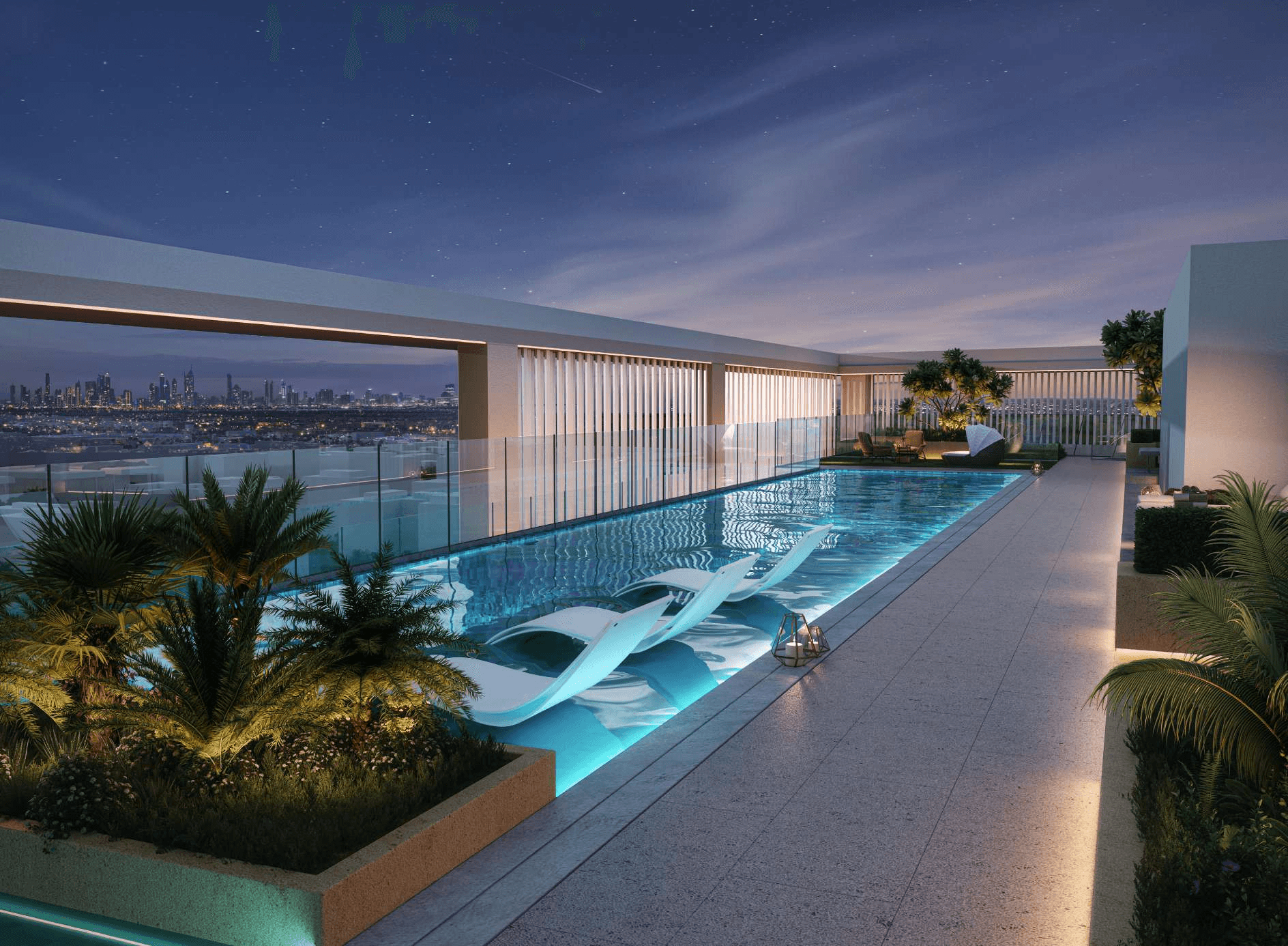 Swimming pool deck render at Binghatti Pinnacle with skyline backdrop. Find Dubai luxury real estate listings and pay with crypto via Tylt.
