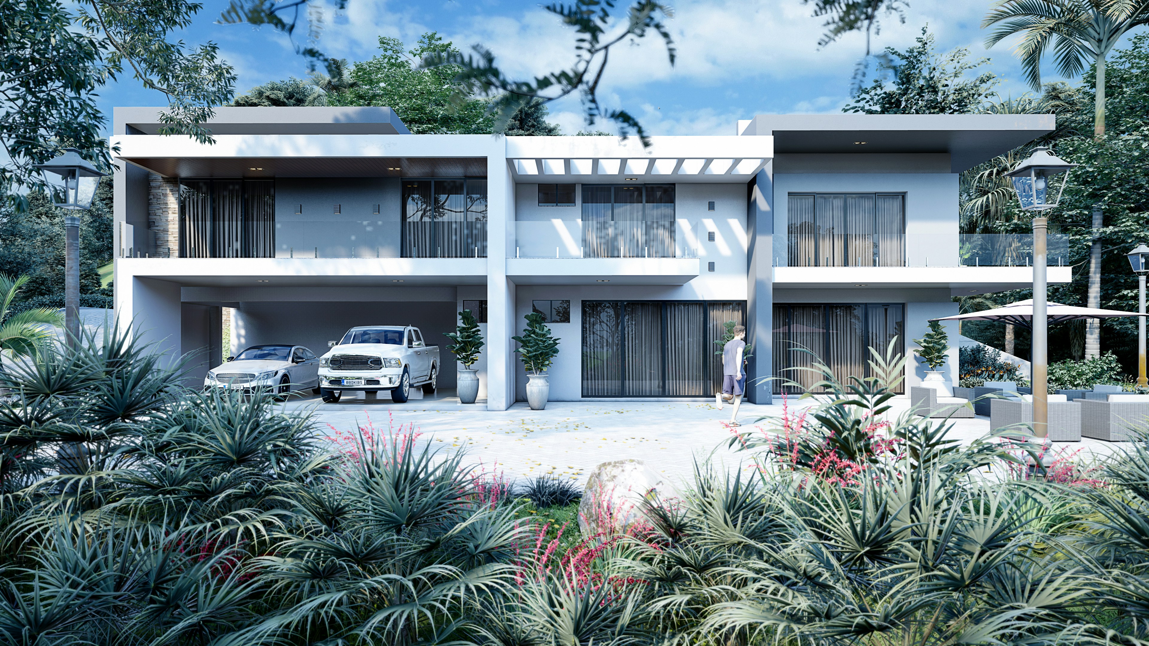 Lumion render of a modern white villa surrounded by dense landscaping, cars, and tropical plants in bright daylight.