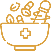 An outline of a bowl with a cross symbol, containing various pills and capsules.