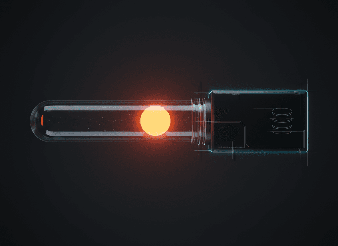 Animated illustration of a transparent tube with an illuminated ball inside and a blueprint-like design.