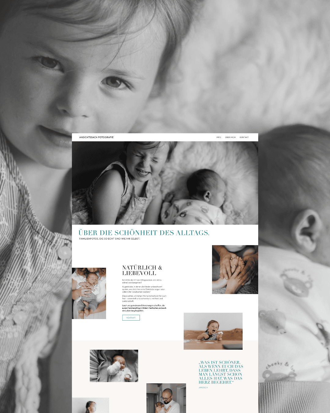 Im Hintergrund ein jüngeres Mädchen und ein Baby daneben in Schwarzweiß, davor ein Screendesign einer von OHNORD studio designeten Website in minimalistischem Design
