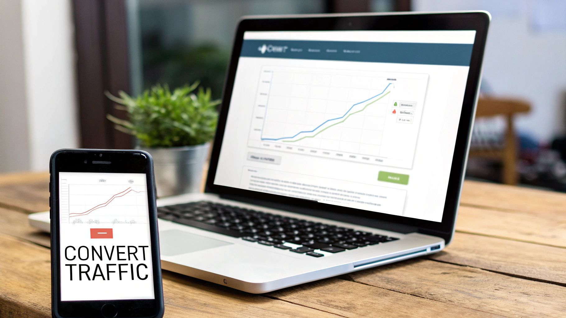 A smartphone and laptop display graphs illustrating website traffic and conversion optimization.