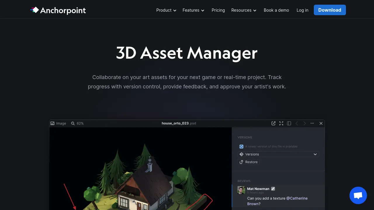 Screenshot of the Anchorpoint website highlighting version control and asset management for creatives