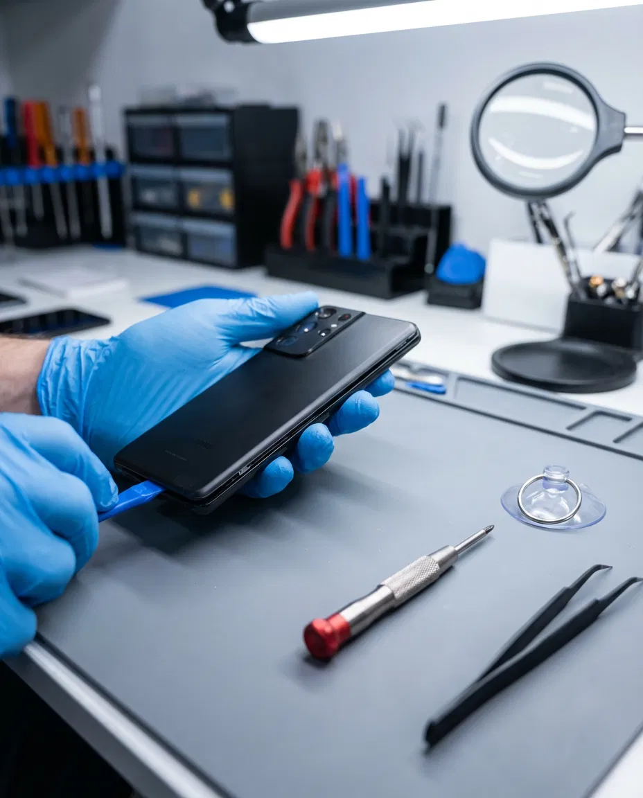 Technician examining a modern smartphone for possible screen or battery issues on a repair desk.