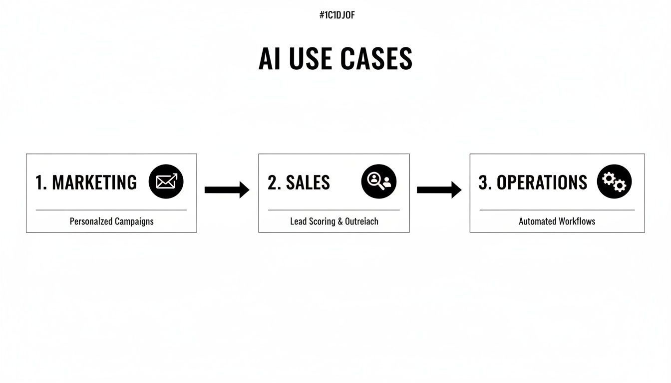 Flowchart showing AI use cases across marketing, sales, and operations for business automation.
