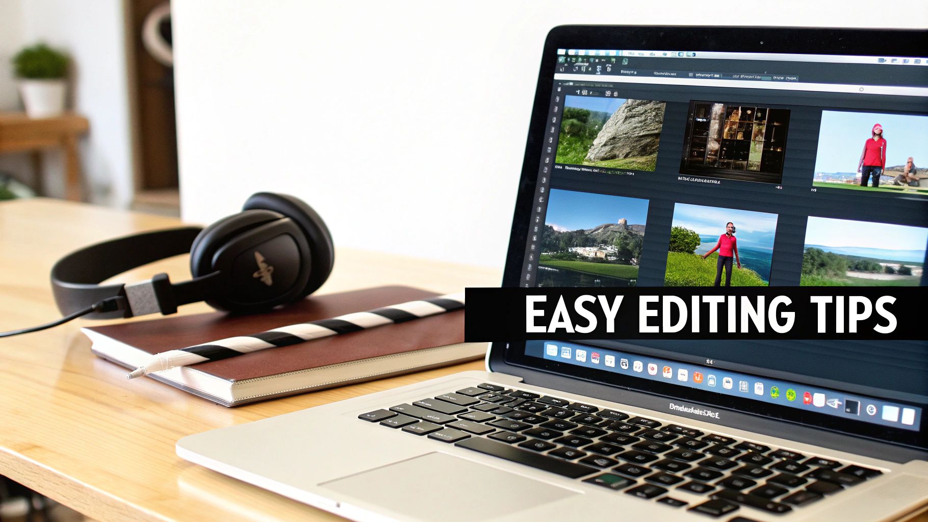 A laptop screen showing editing software with various photos, headphones, and a notebook on a wooden desk.