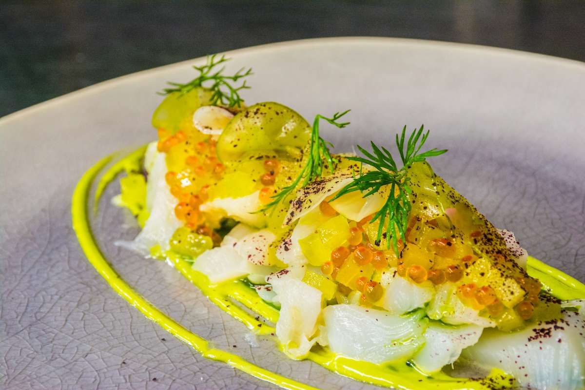 A gourmet dish of seared scallops and yellow sauce garnished with herbs and orange roe on a white plate.