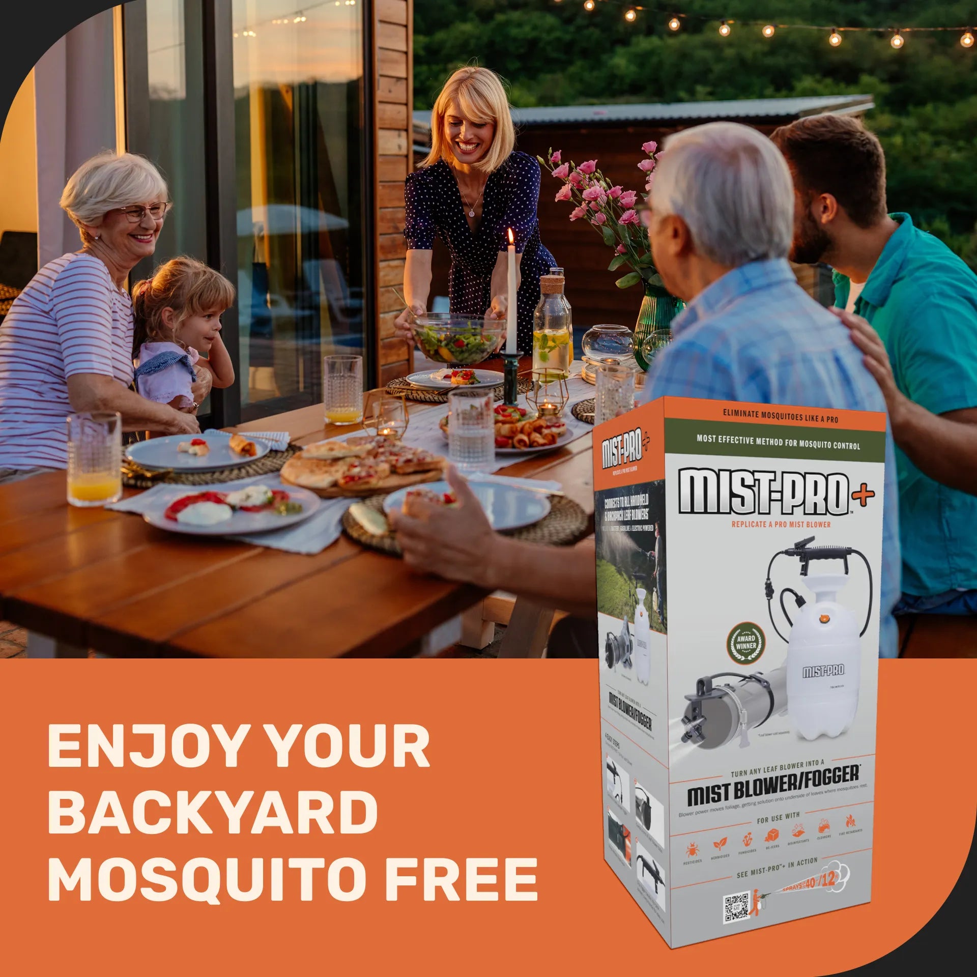 Family enjoying a meal outdoors with a Mist-PRO+ mosquito control device box displayed.