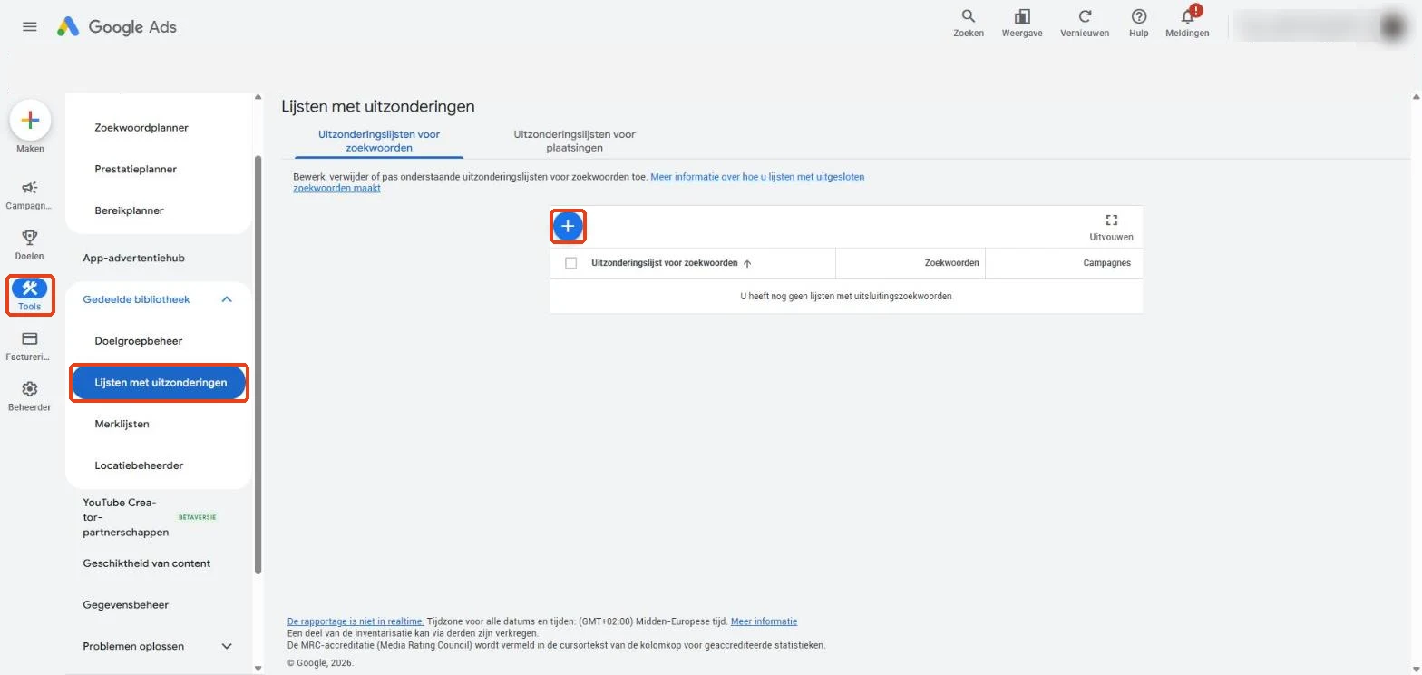 Google Ads: Tools, Gedeelde bibliotheek, Lijsten met uitzonderingen