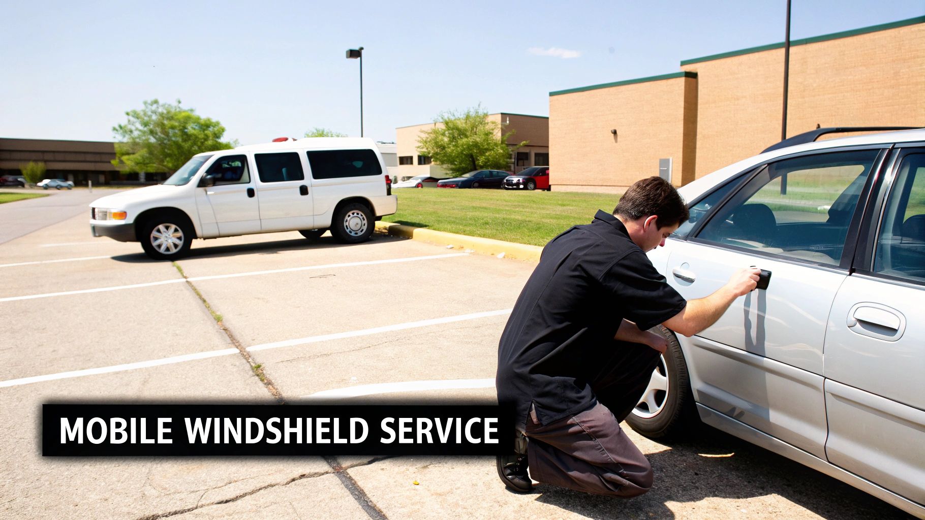 A technician performing mobile automotive glass repair on a vehicle's windshield in a parking lot