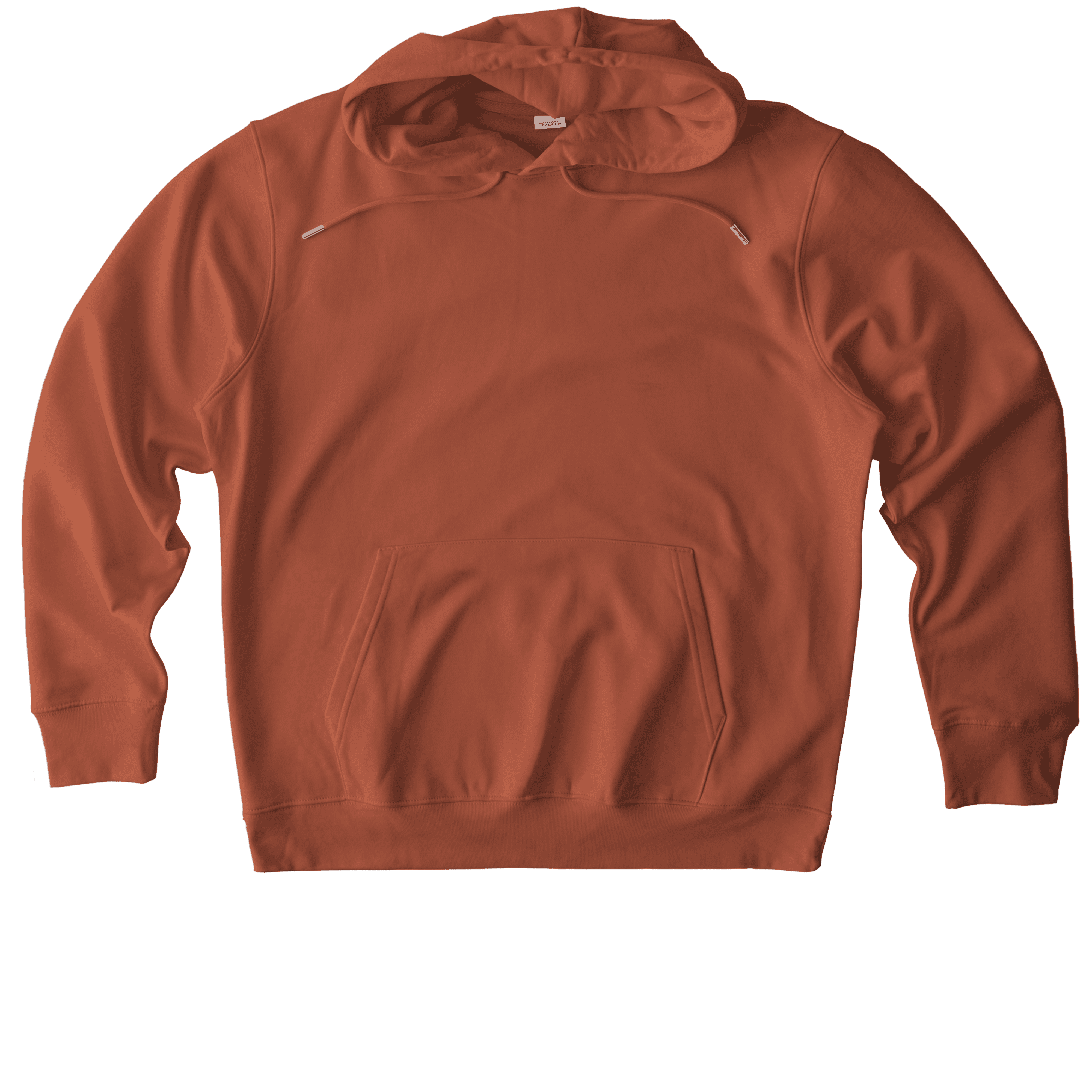 Burnt orange hoodie with kangaroo pocket and zippered pouch pockets.