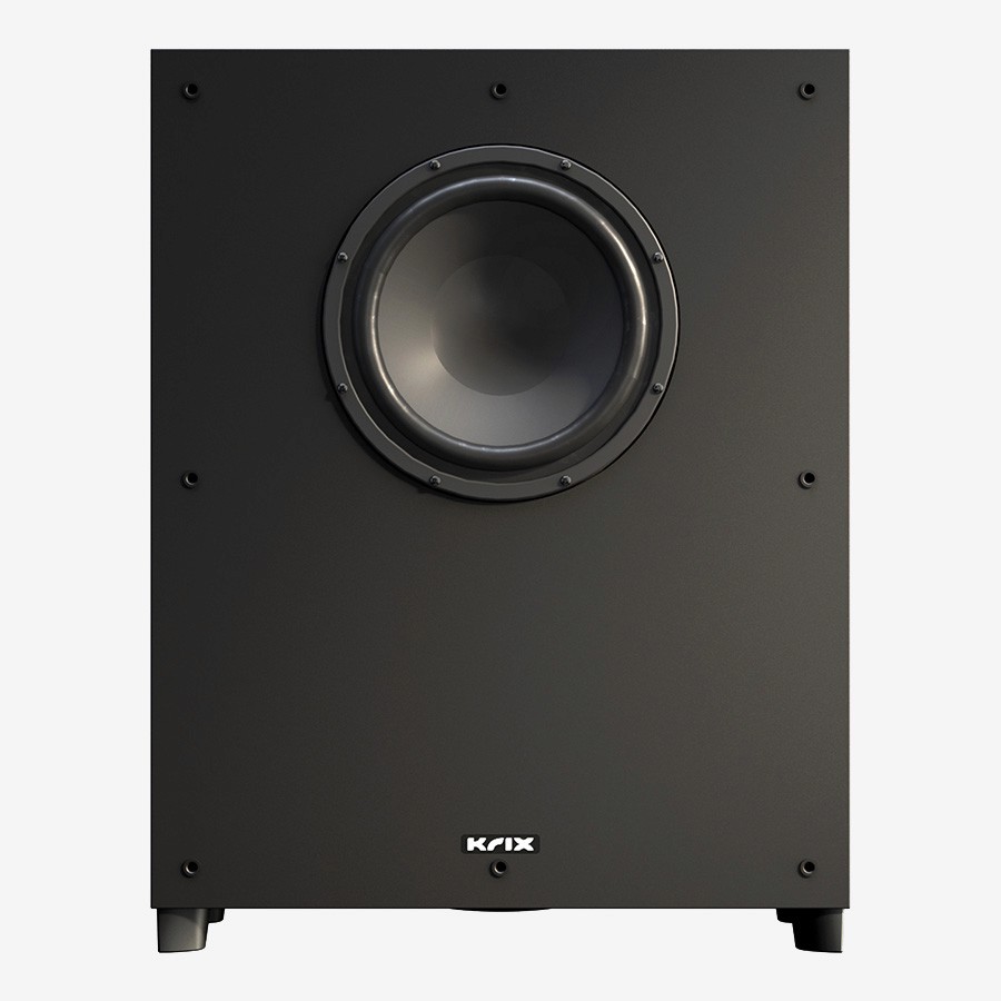 Black Krix subwoofer with visible speaker cone