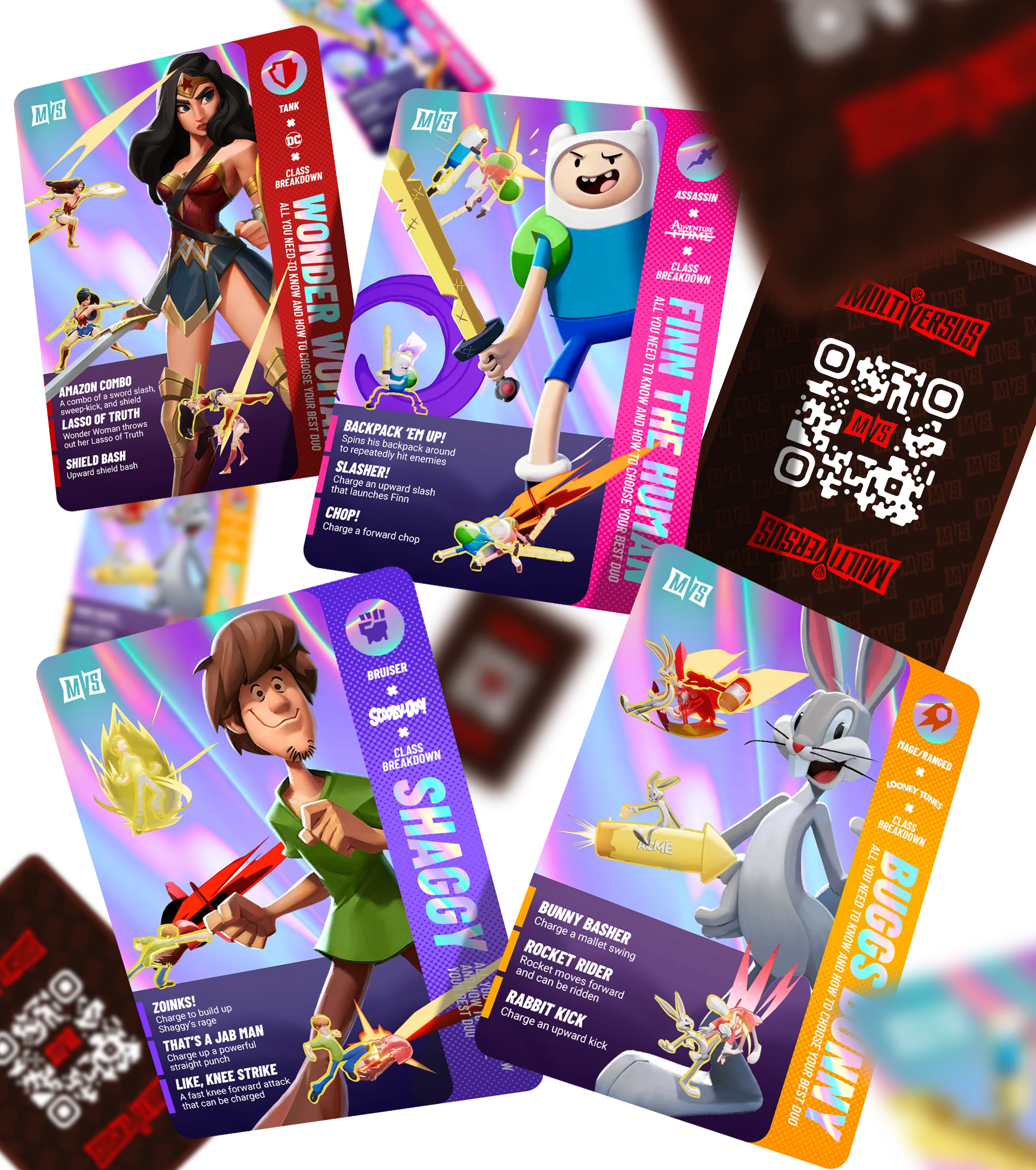 Character cards in motion-ready layouts — MultiVersus