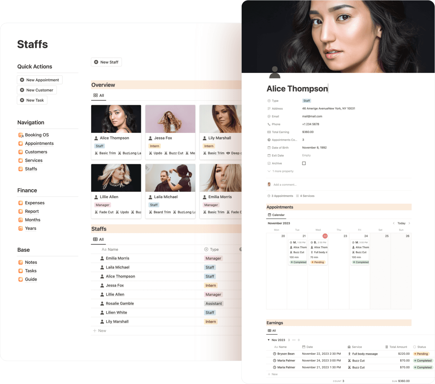 Manage your Staff Team, appointments, earnings, and all other useful informations